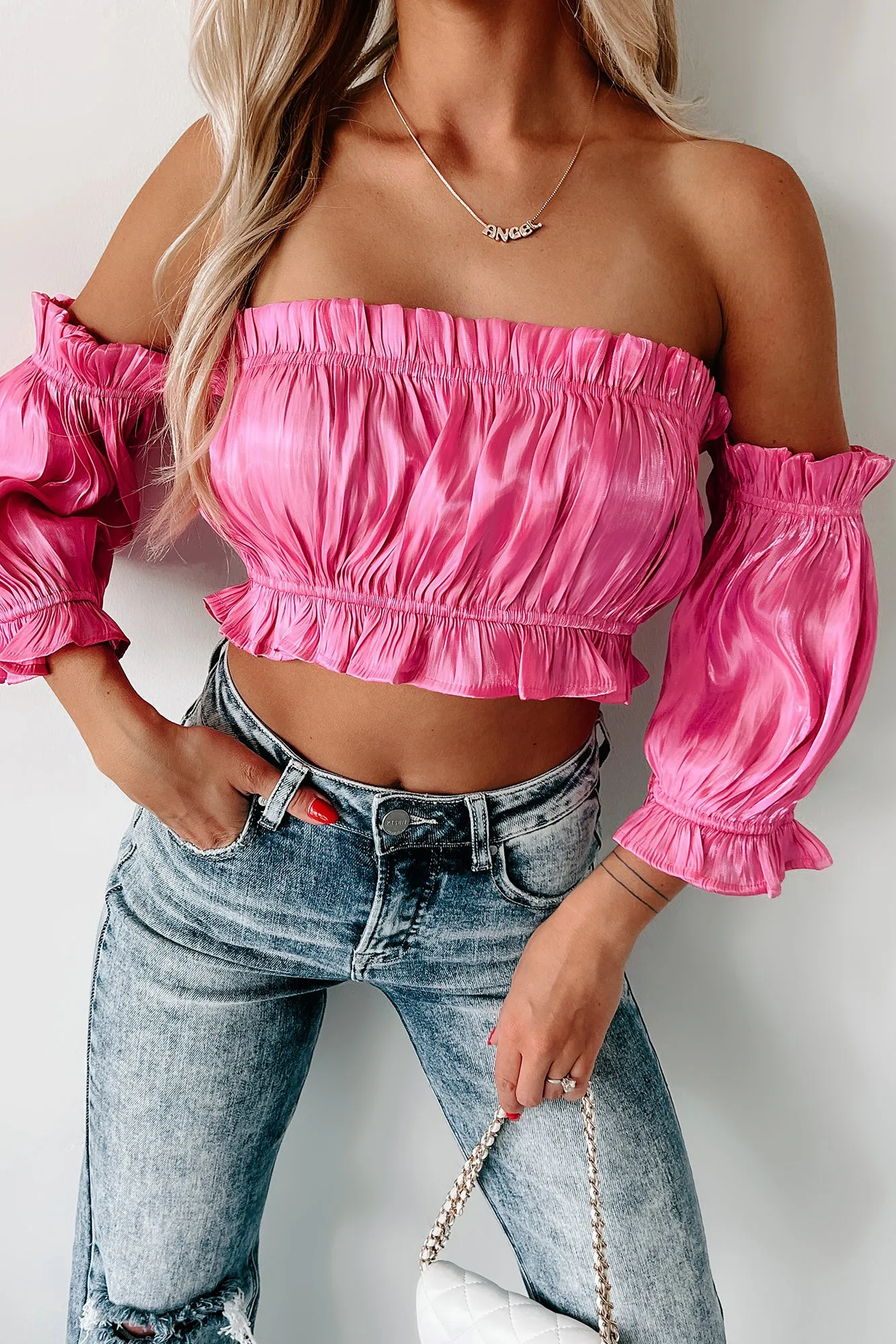 A Date With Fate Off The Shoulder Pleated Crop Top (Pink)