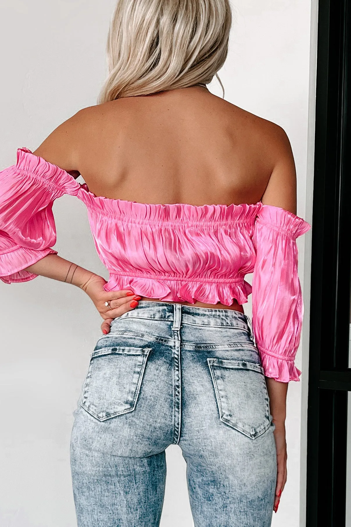 A Date With Fate Off The Shoulder Pleated Crop Top (Pink)