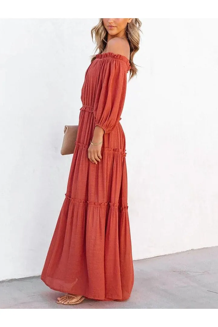 Adrianne Ruffle Trim Off Shoulder Long Sleeve Maxi Dress