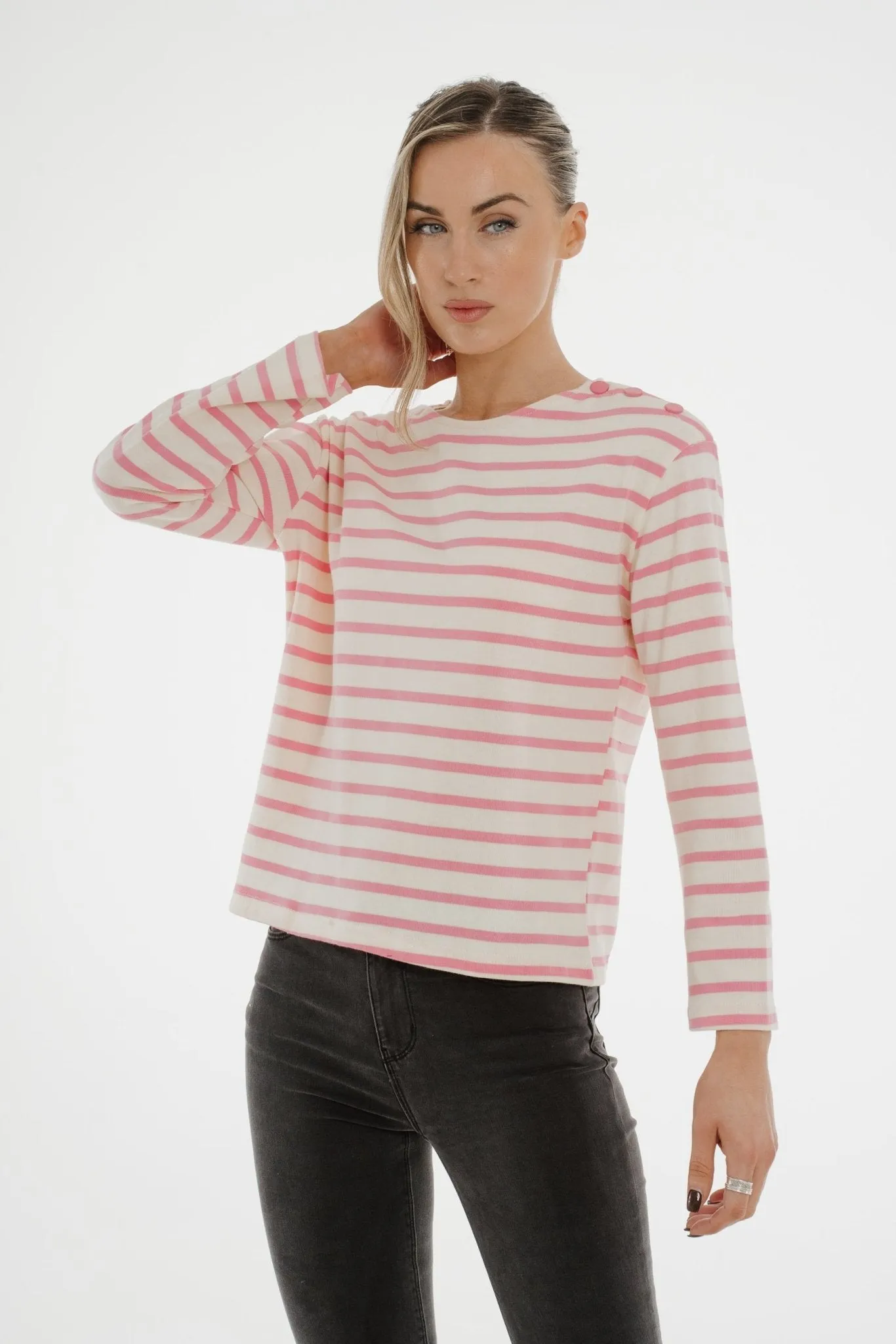 Ally Button Shoulder Top In Rose