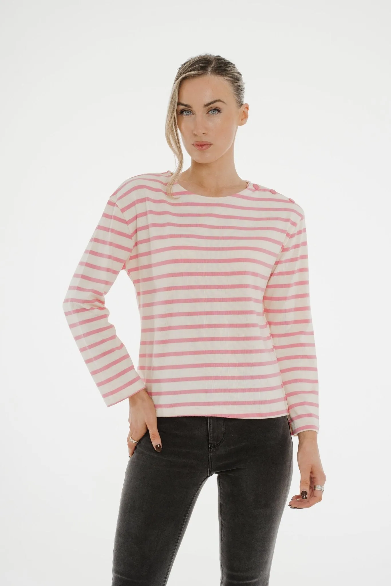 Ally Button Shoulder Top In Rose