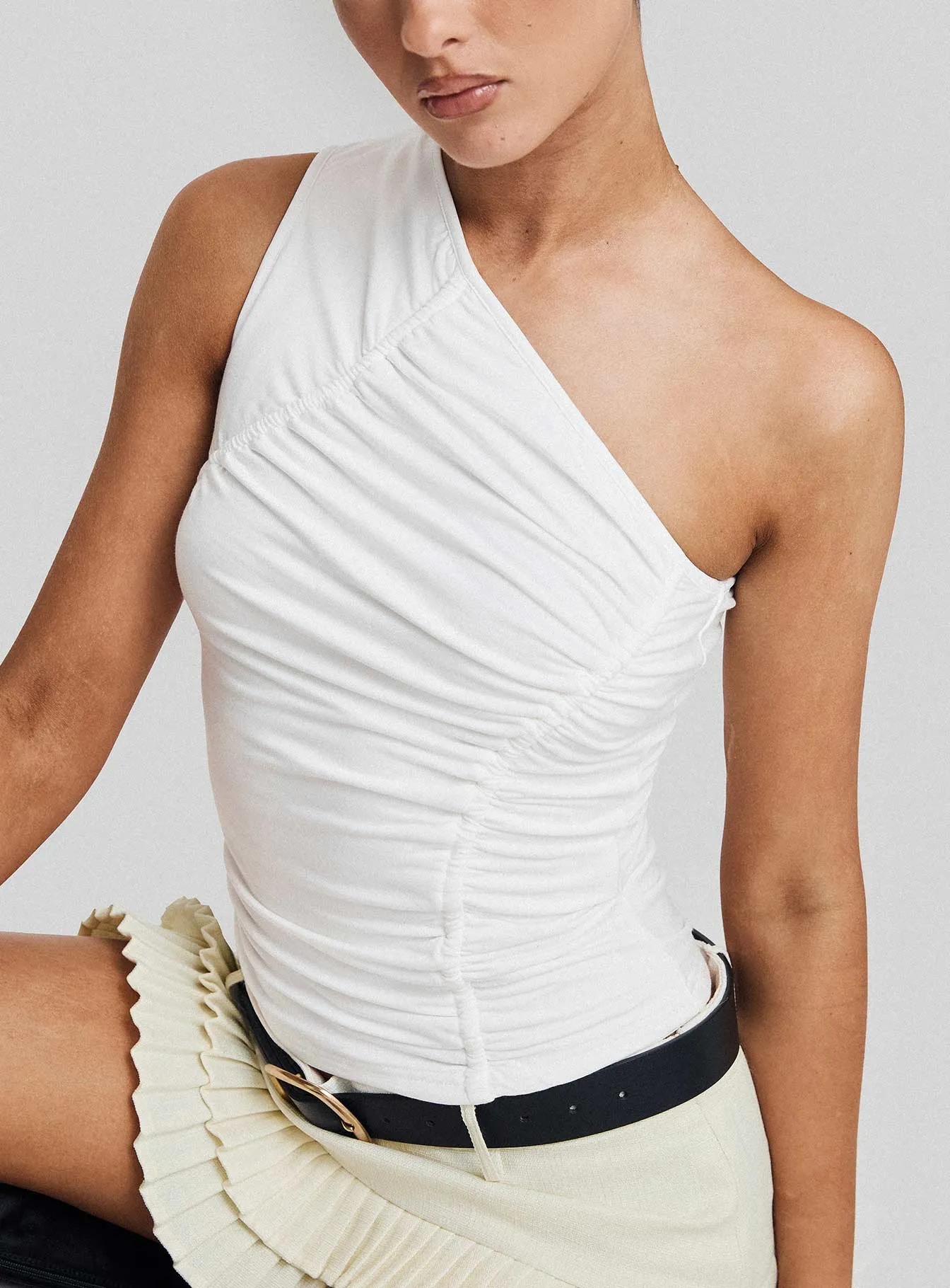 Alodia One Shoulder Ruched Top White