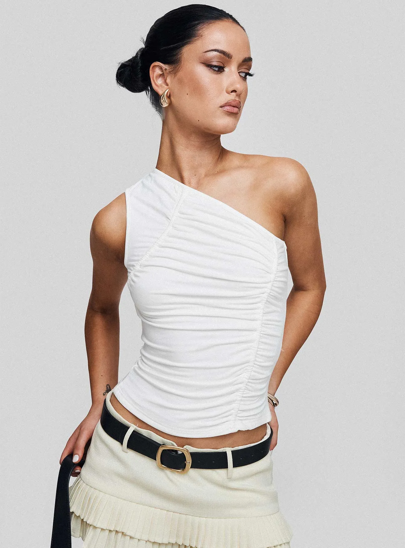 Alodia One Shoulder Ruched Top White