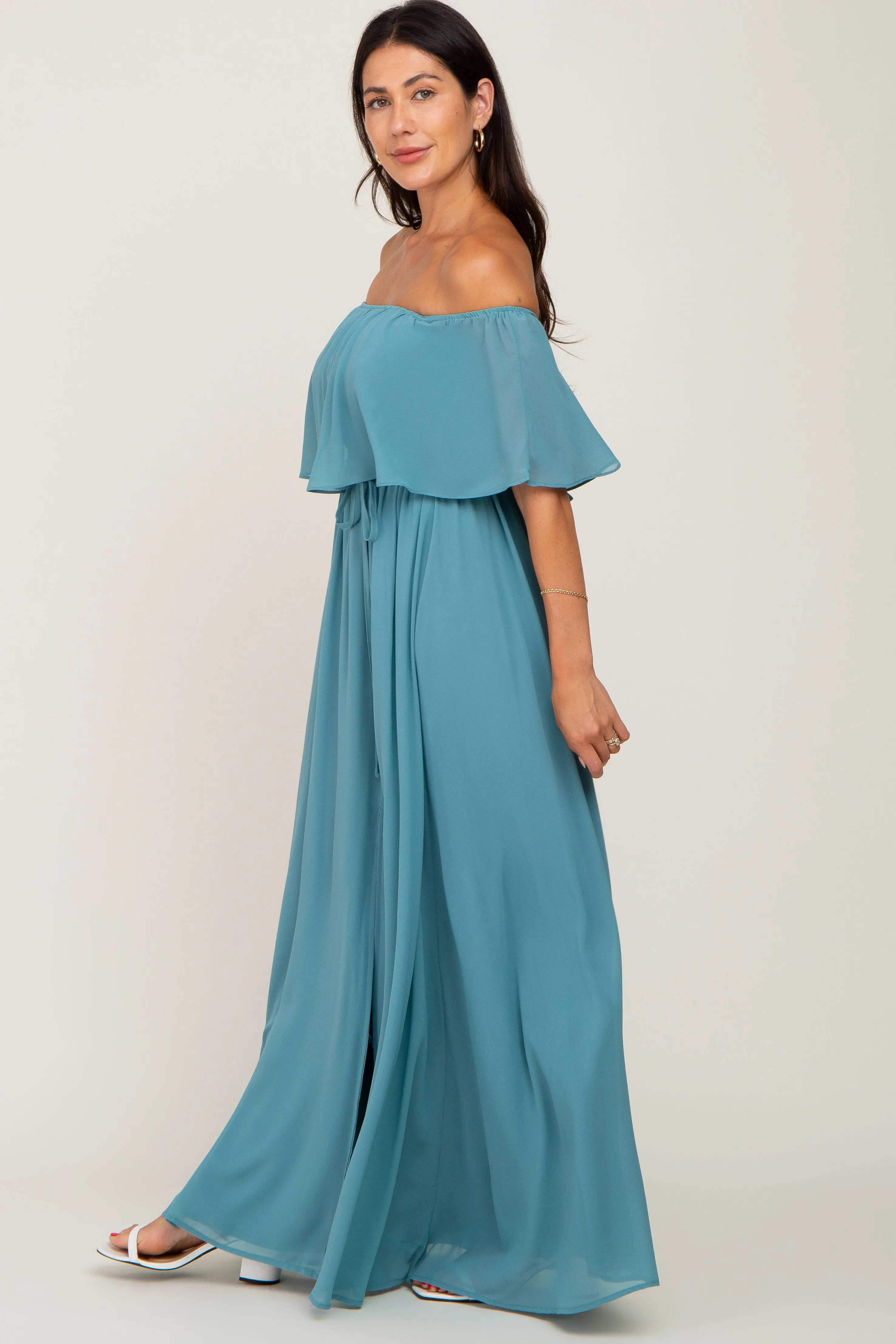 Aqua Chiffon Off Shoulder Maxi Dress