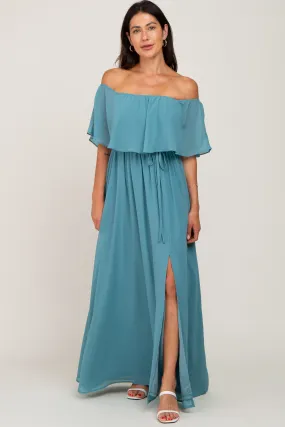 Aqua Chiffon Off Shoulder Maxi Dress