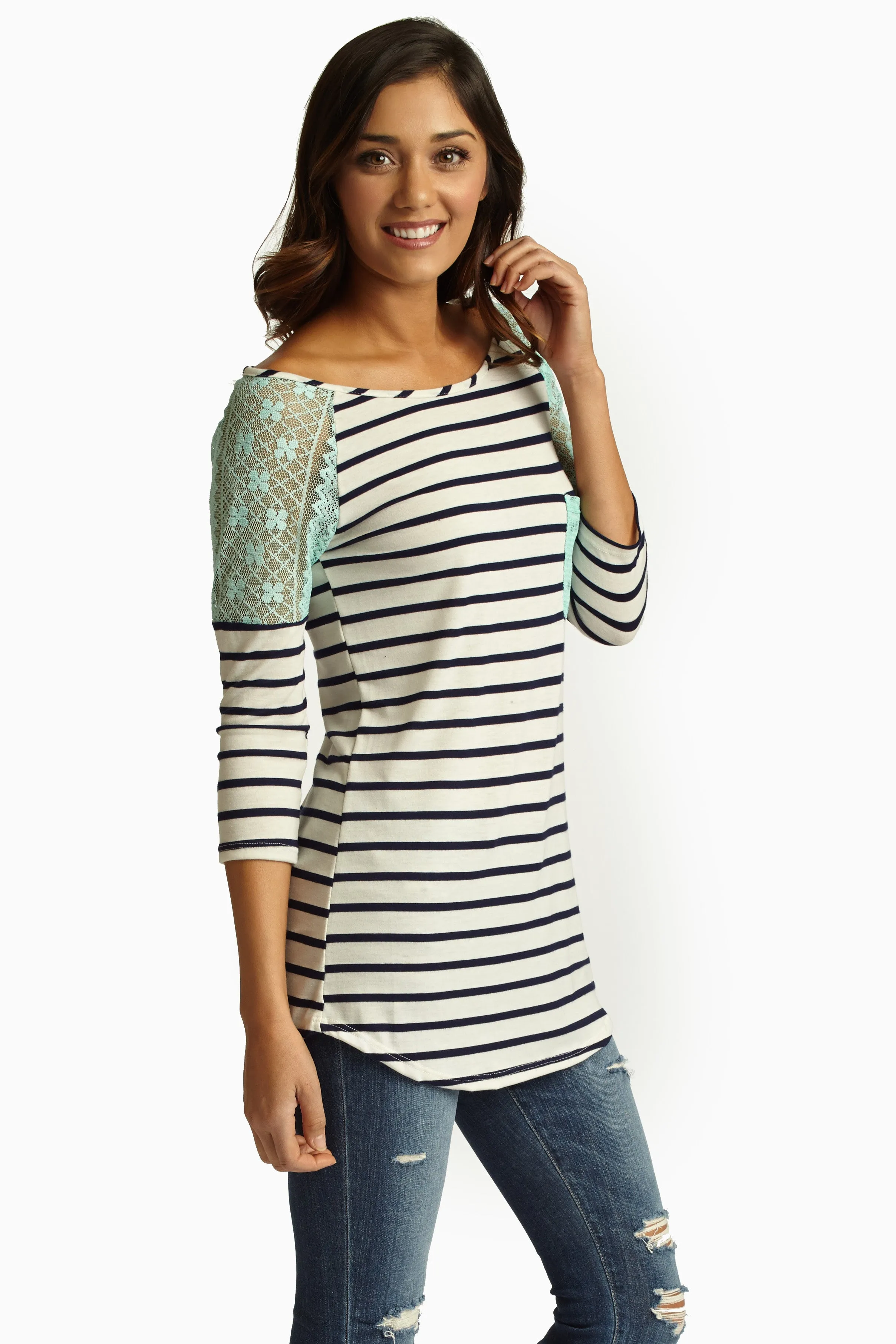 Aqua Lace Shoulder Striped Top