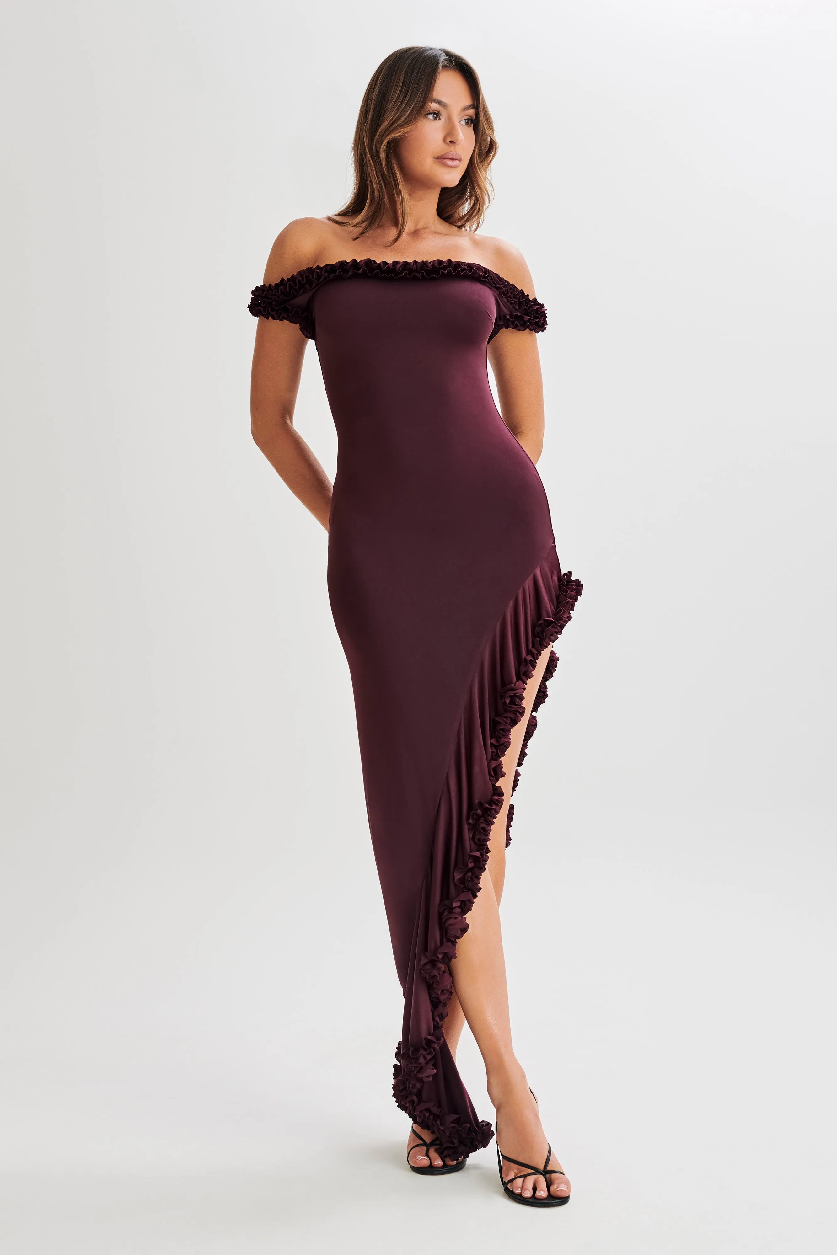 Arielle Off Shoulder Ruffle Midi Dress - Plum