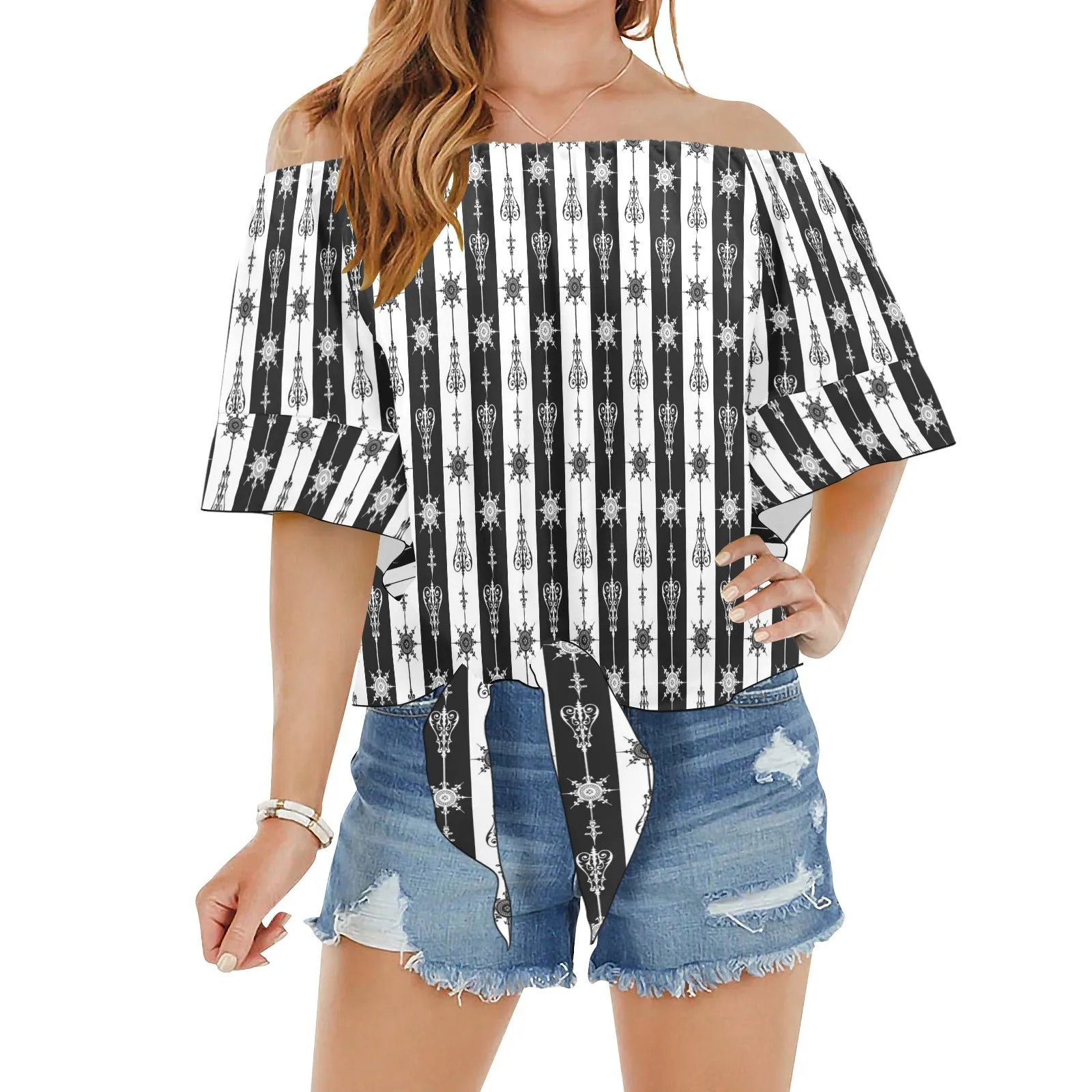 arrow bw print 5 Off Shoulder Knot Front Blouse (Model T71)