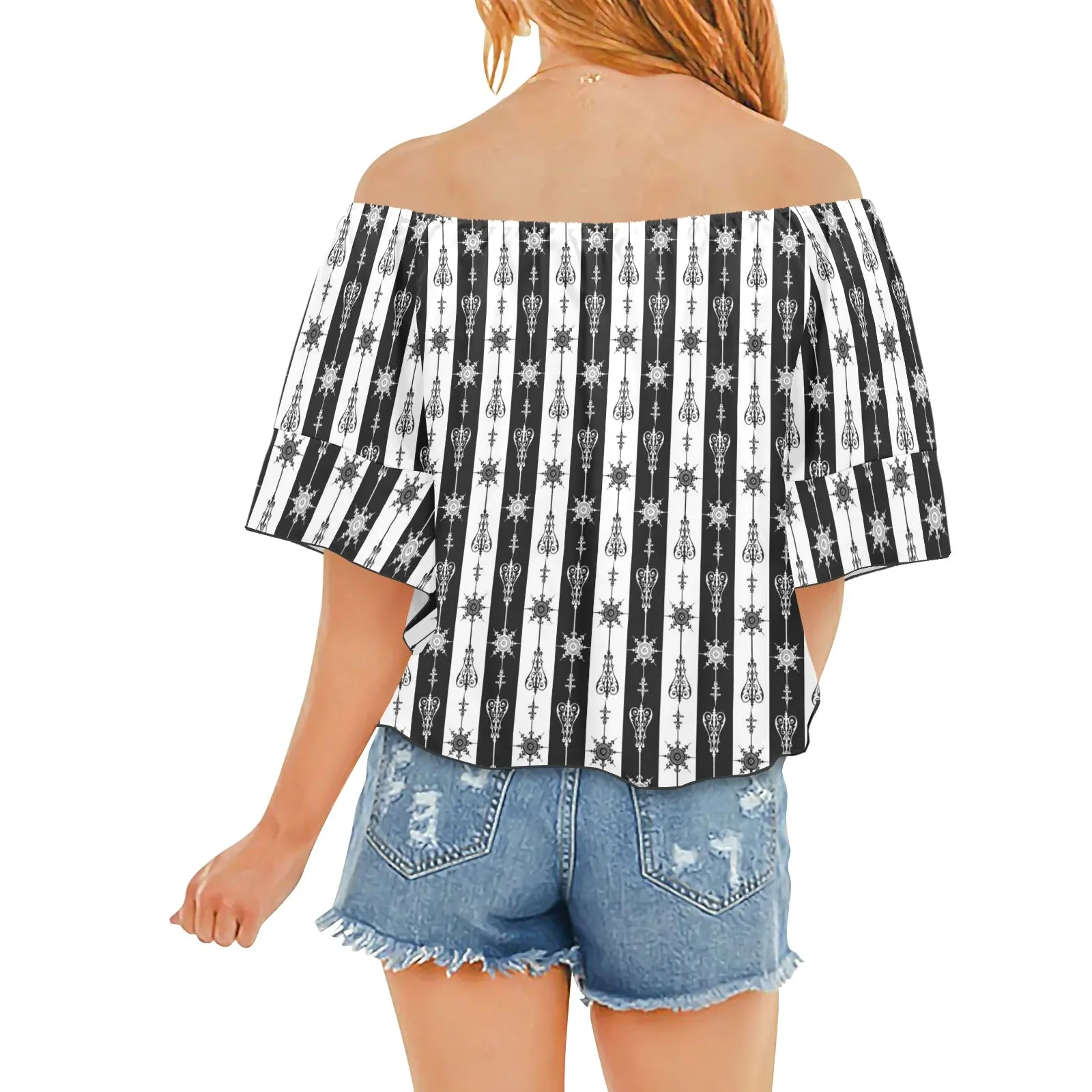 arrow bw print 5 Off Shoulder Knot Front Blouse (Model T71)