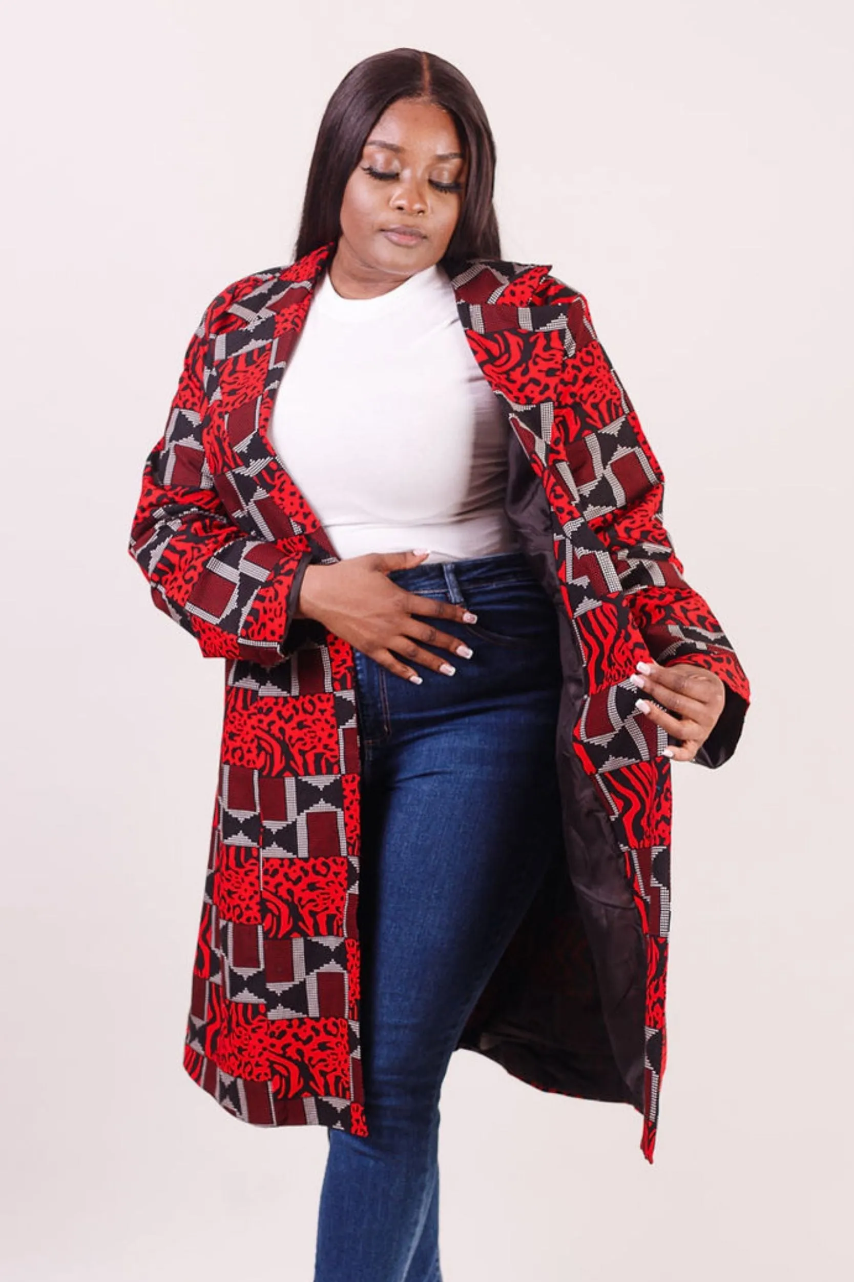 AYAJE African Print Long Blazer (Red/Black/Gray Pattern)