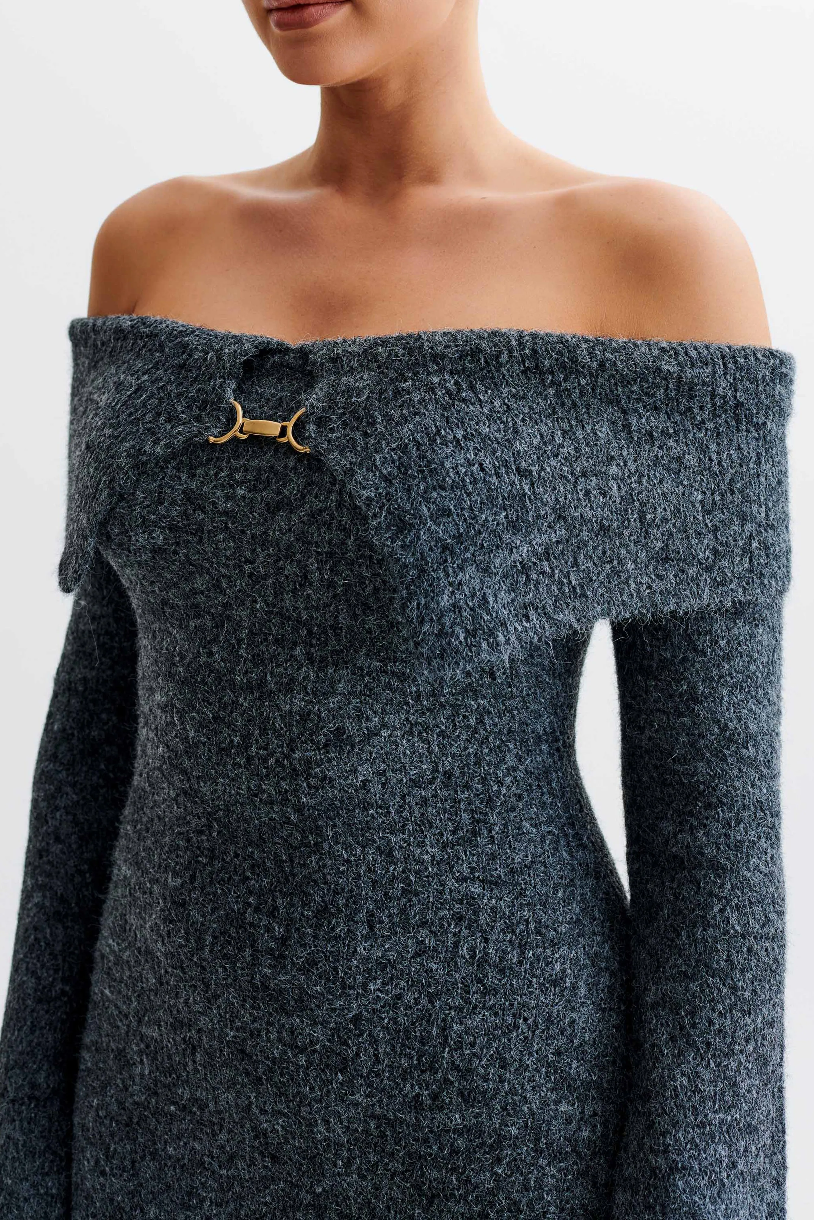 Baxter Off Shoulder Fluffy Knit Midi Dress - Charcoal