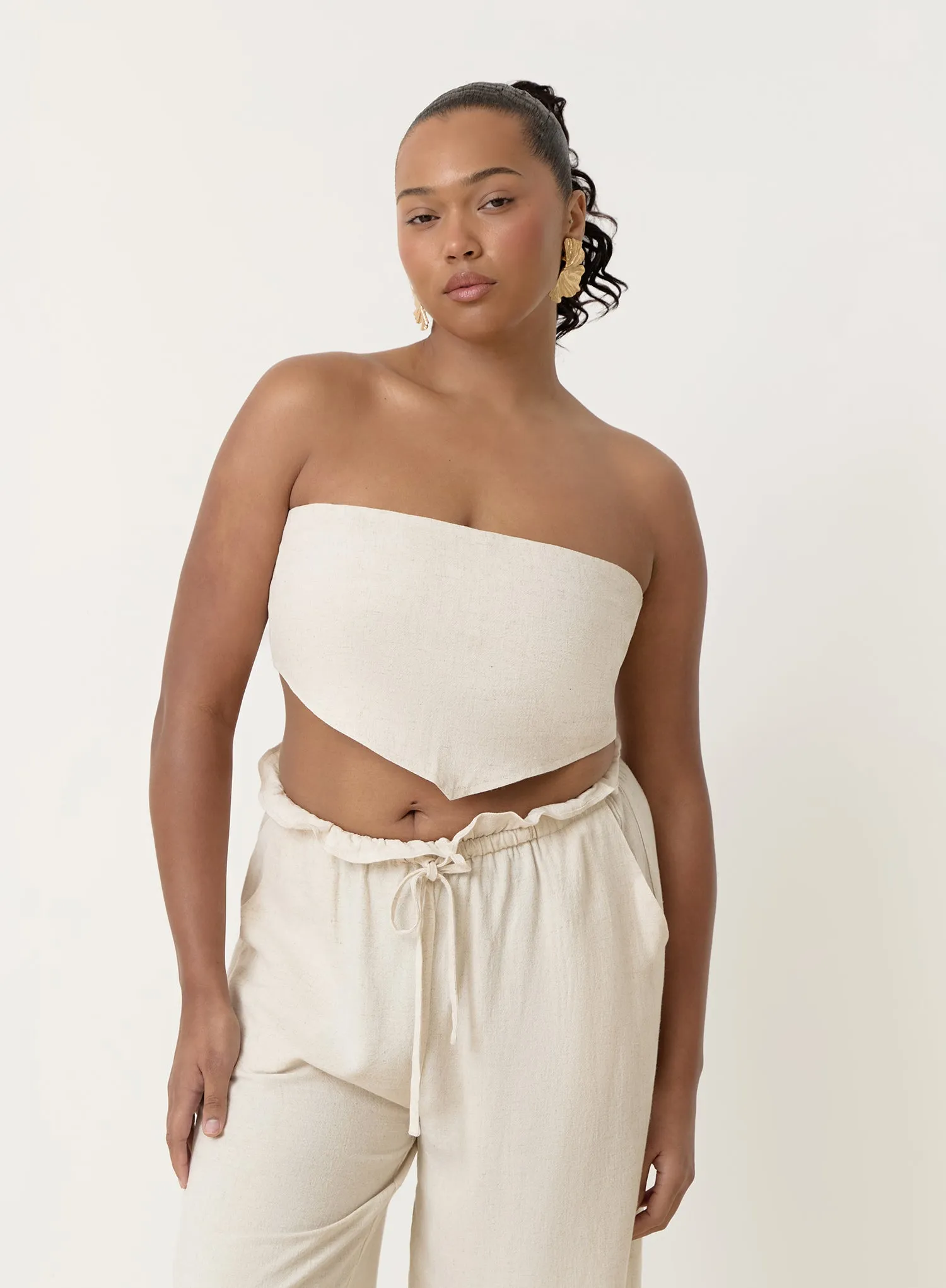 Beige Linen Bandeau Multiway Crop Top- Tulum