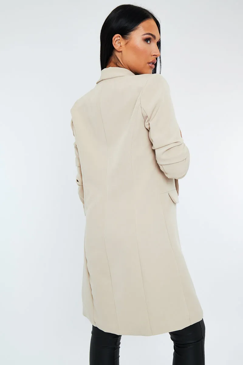 Beige Longline Ruched Sleeves Blazer - Mharlie