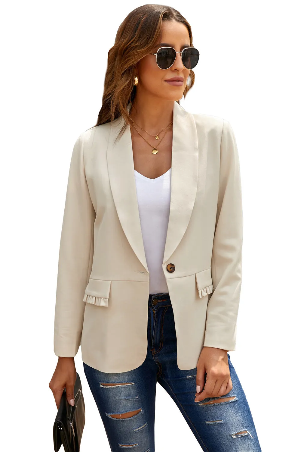 Beige Ruched Pocket Shawl Collar Blazer