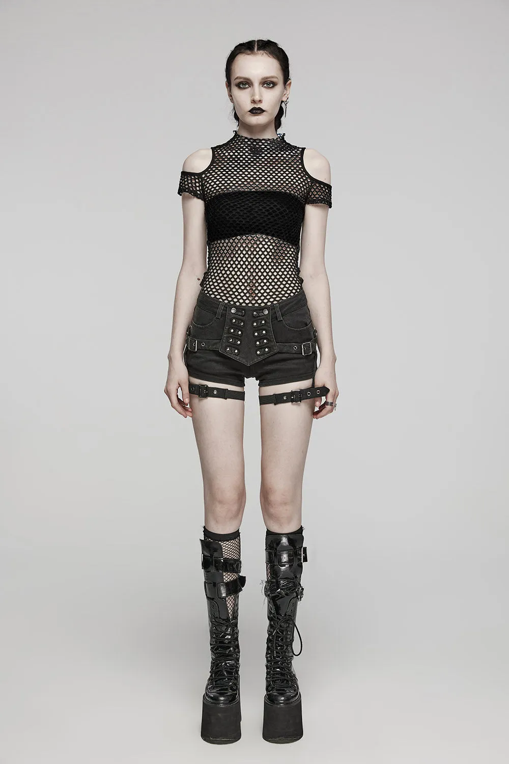 Bitten Cold Shoulder Fishnet Top