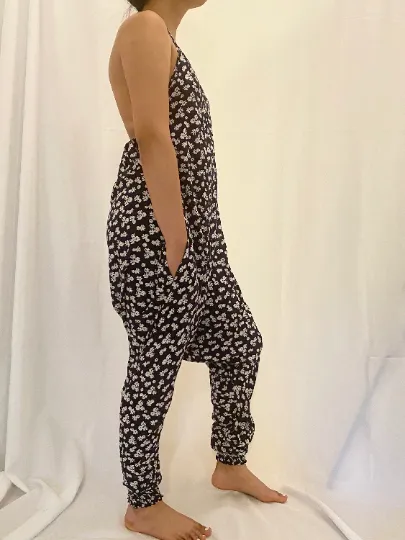 Black Backless Jumpsuit with Flower Print,Harem Jumpsuit, Yoga Romper, Aladdin Jumpsuit,Baggy Jumpsuit,Yoga Wear,Fashionable Jumpsuit,