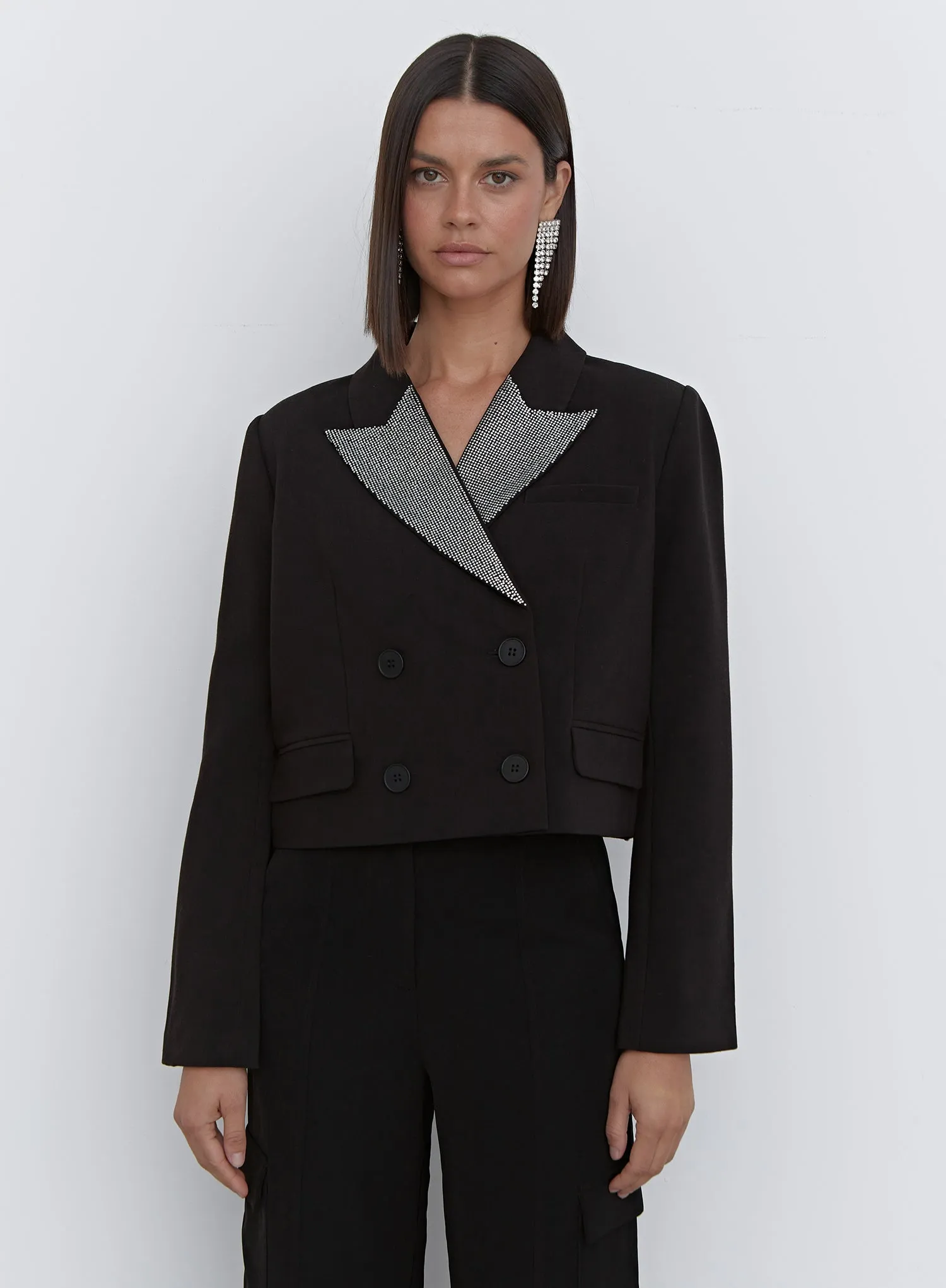 Black Diamante Collar Cropped Blazer - Tabitha