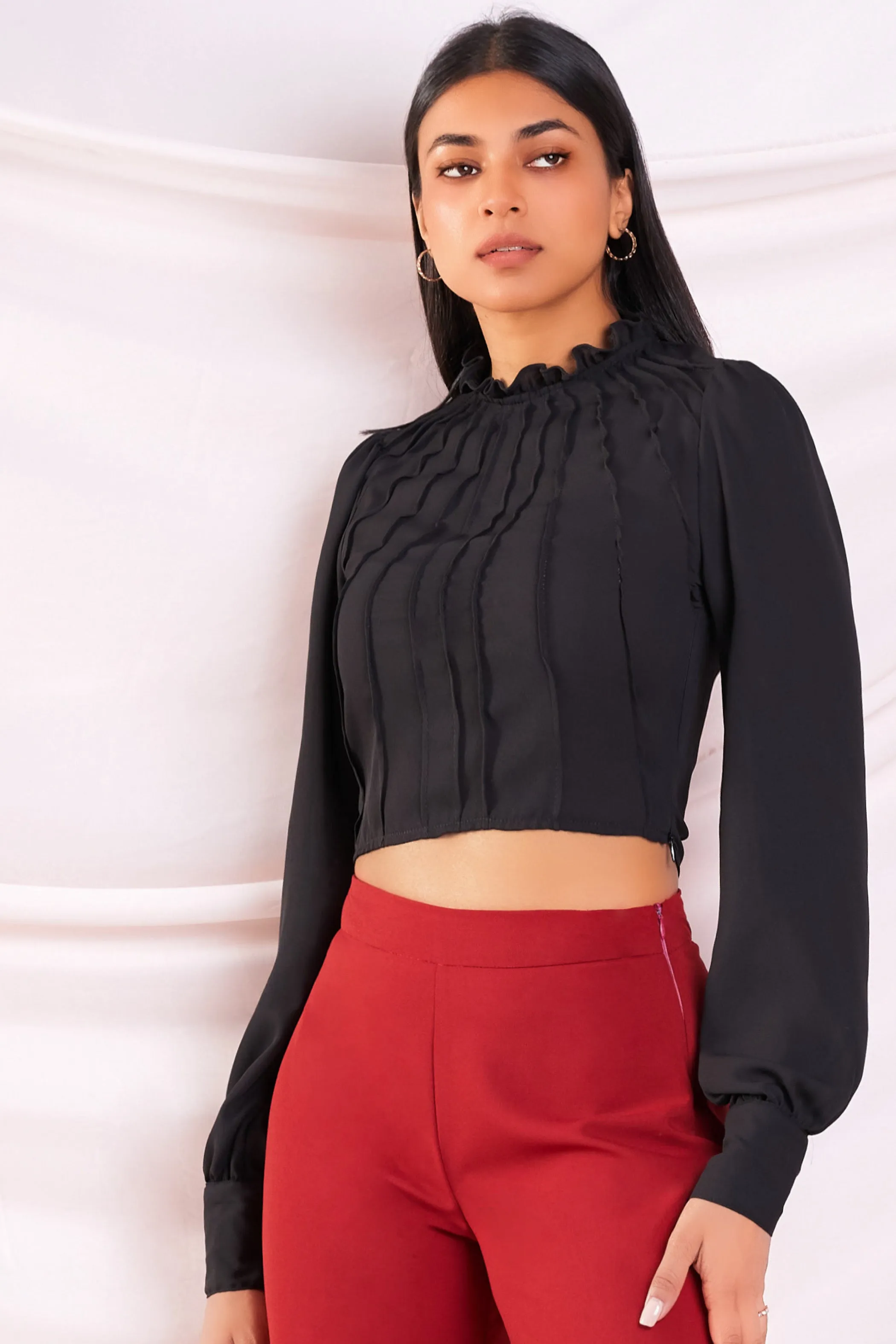 Black Pleat Detail Crop Top