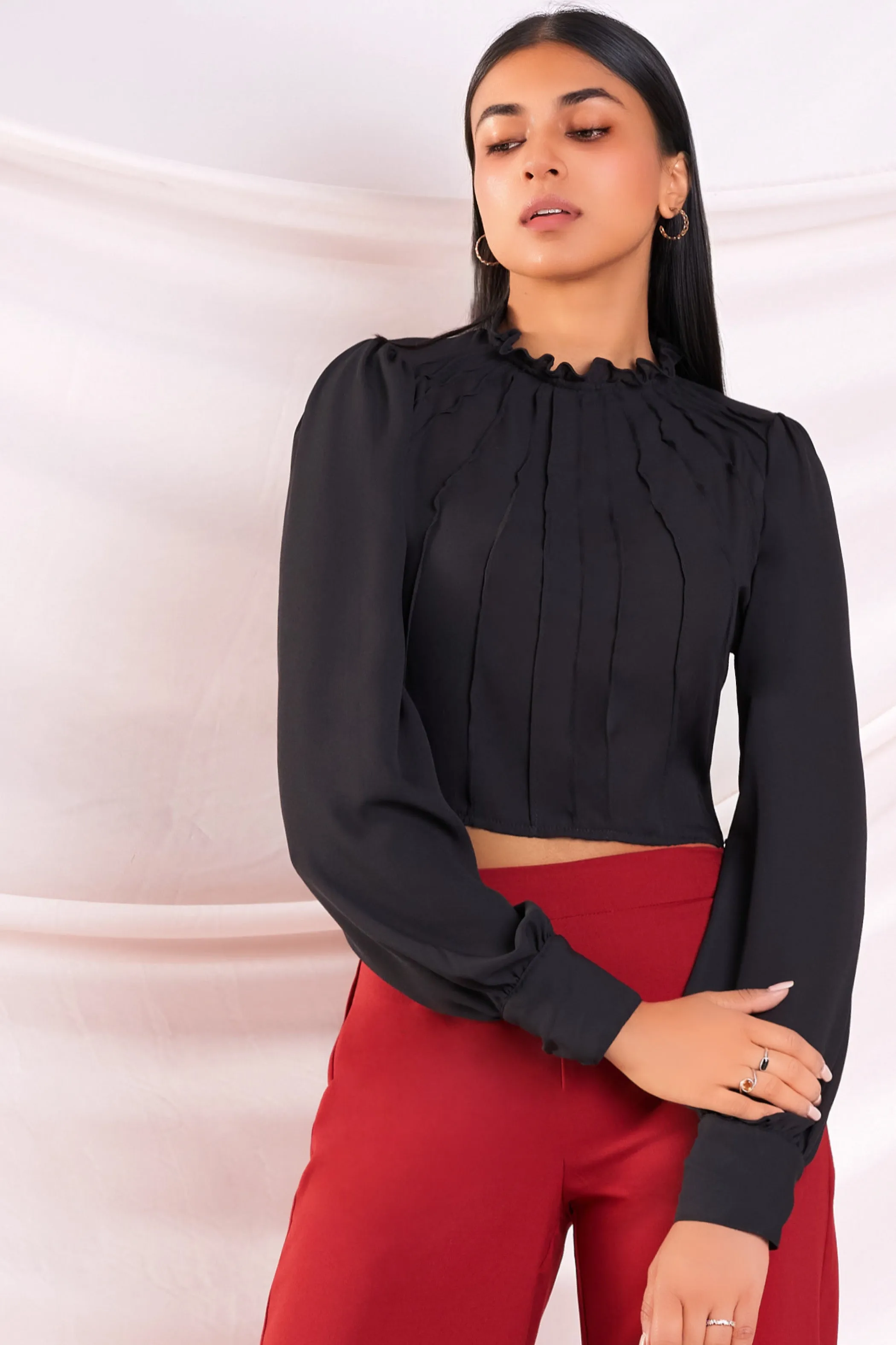 Black Pleat Detail Crop Top