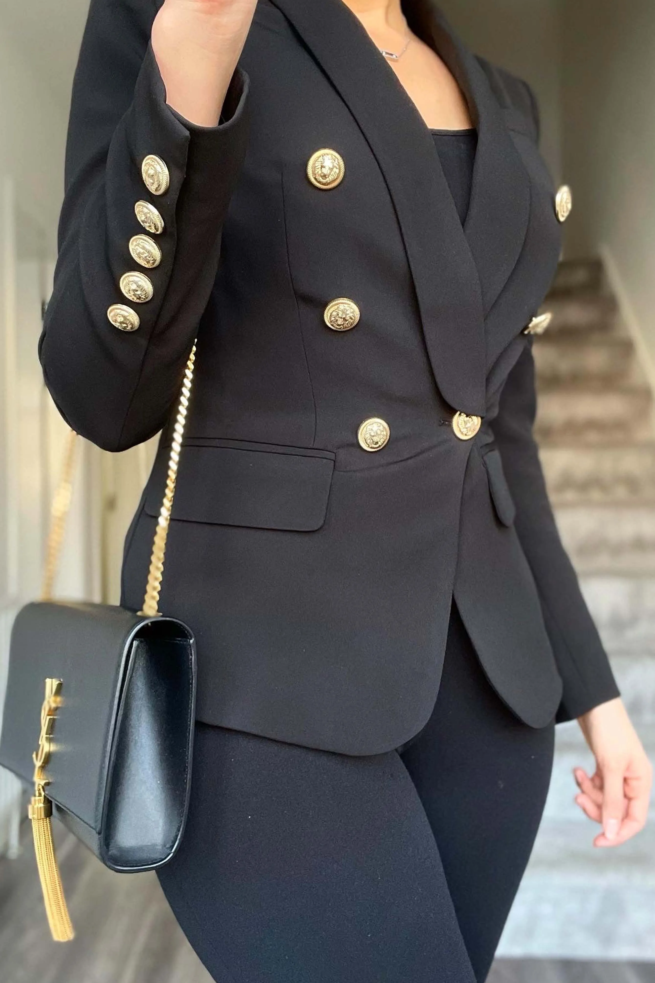 BLACK WITH GOLD BUTTON BLAZER