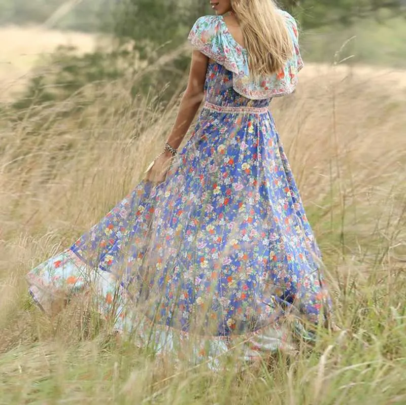 Bohemian Hippie Floral Flounce Off The Shoulder Maxi Dress