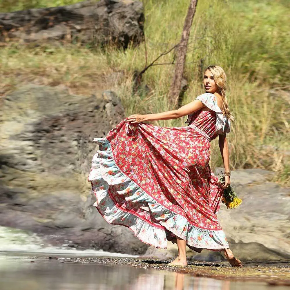 Bohemian Hippie Floral Flounce Off The Shoulder Maxi Dress