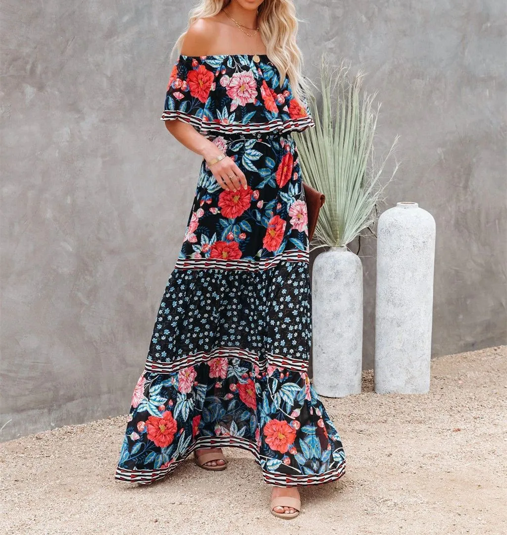 Botanical Hibiscus Peony Floral Flowy Top Off The Shoulder Maxi Dress