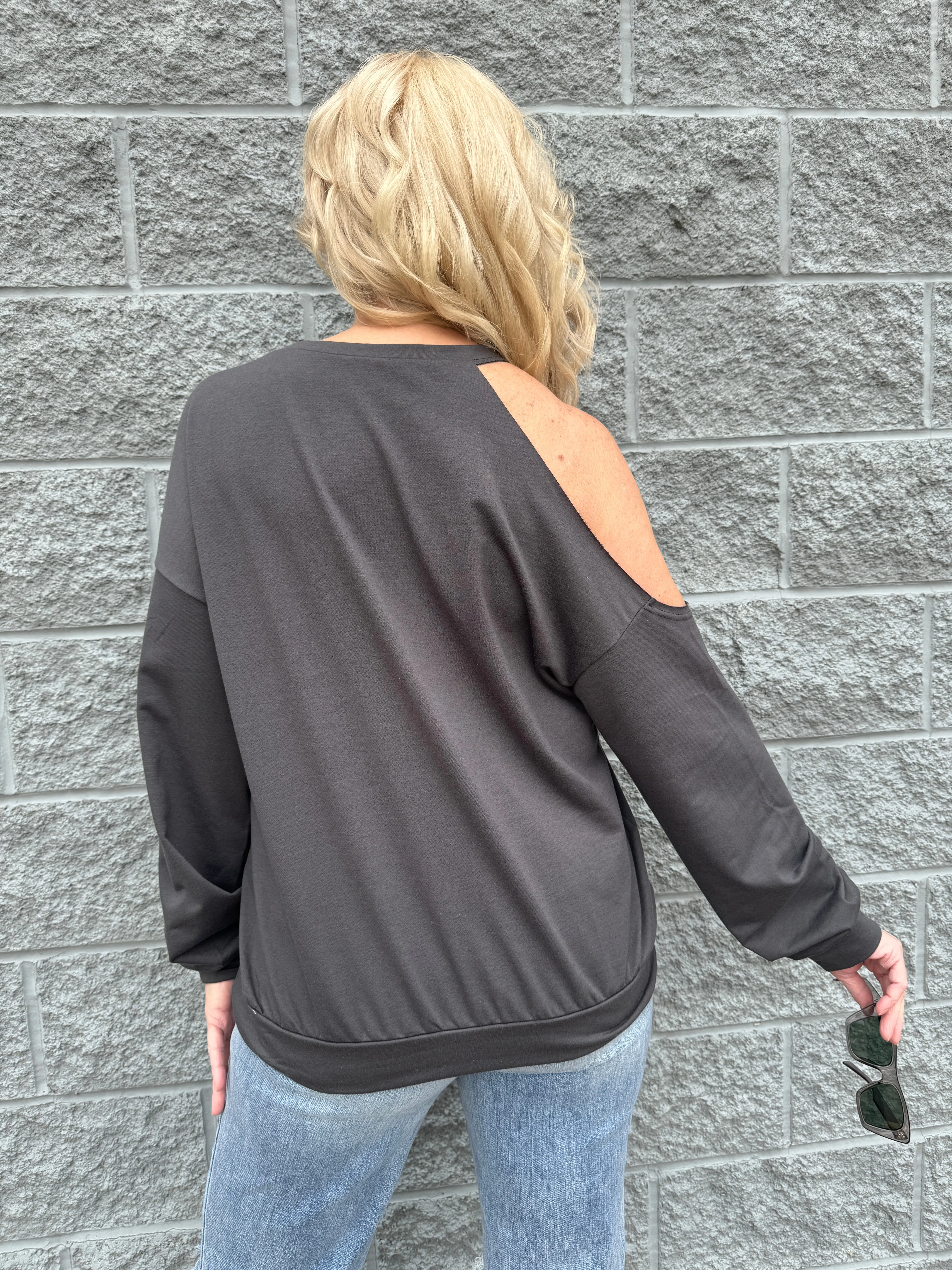 Brett - A Ripped Cold Shoulder Drop Sleeve Top