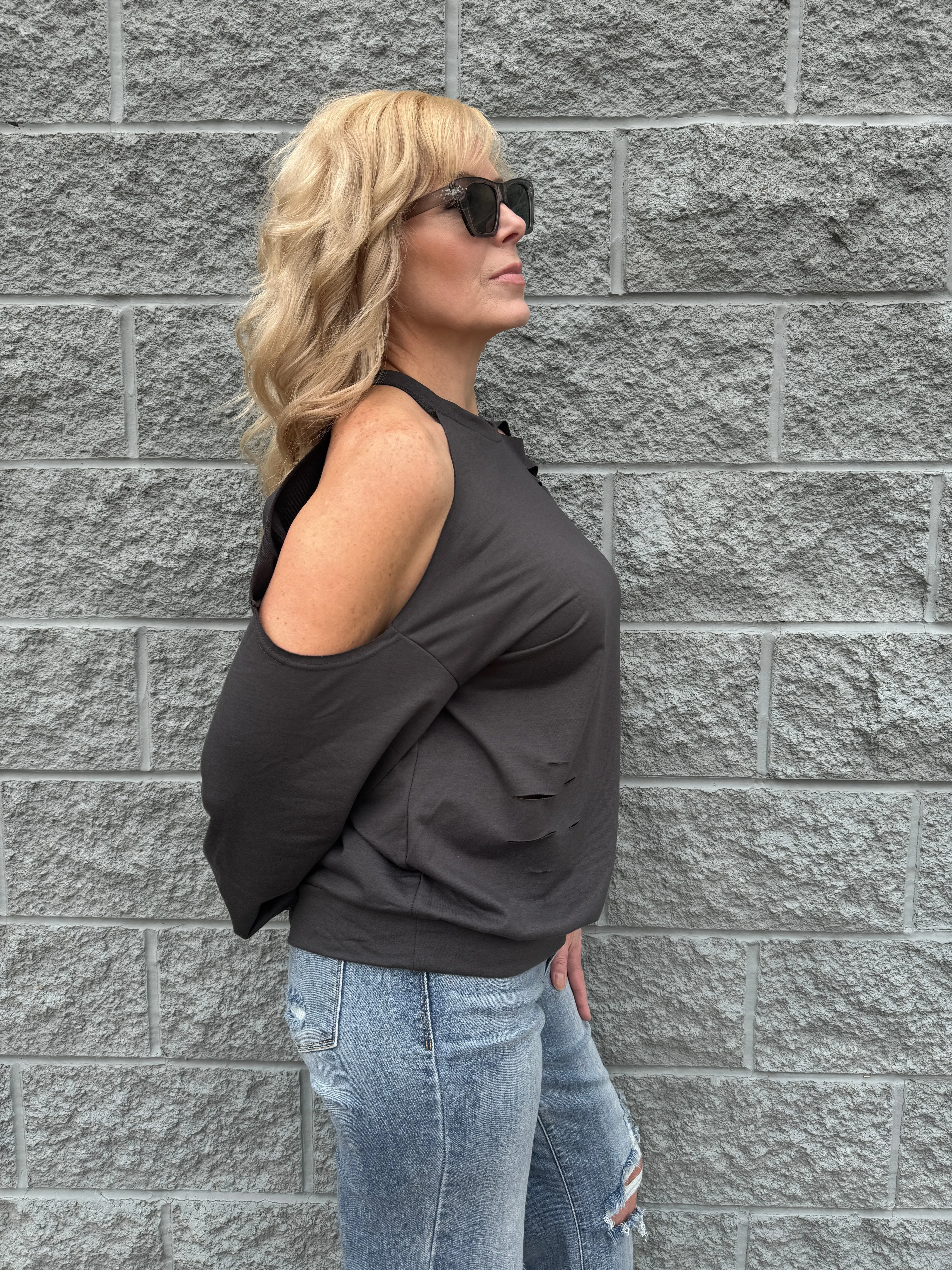 Brett - A Ripped Cold Shoulder Drop Sleeve Top