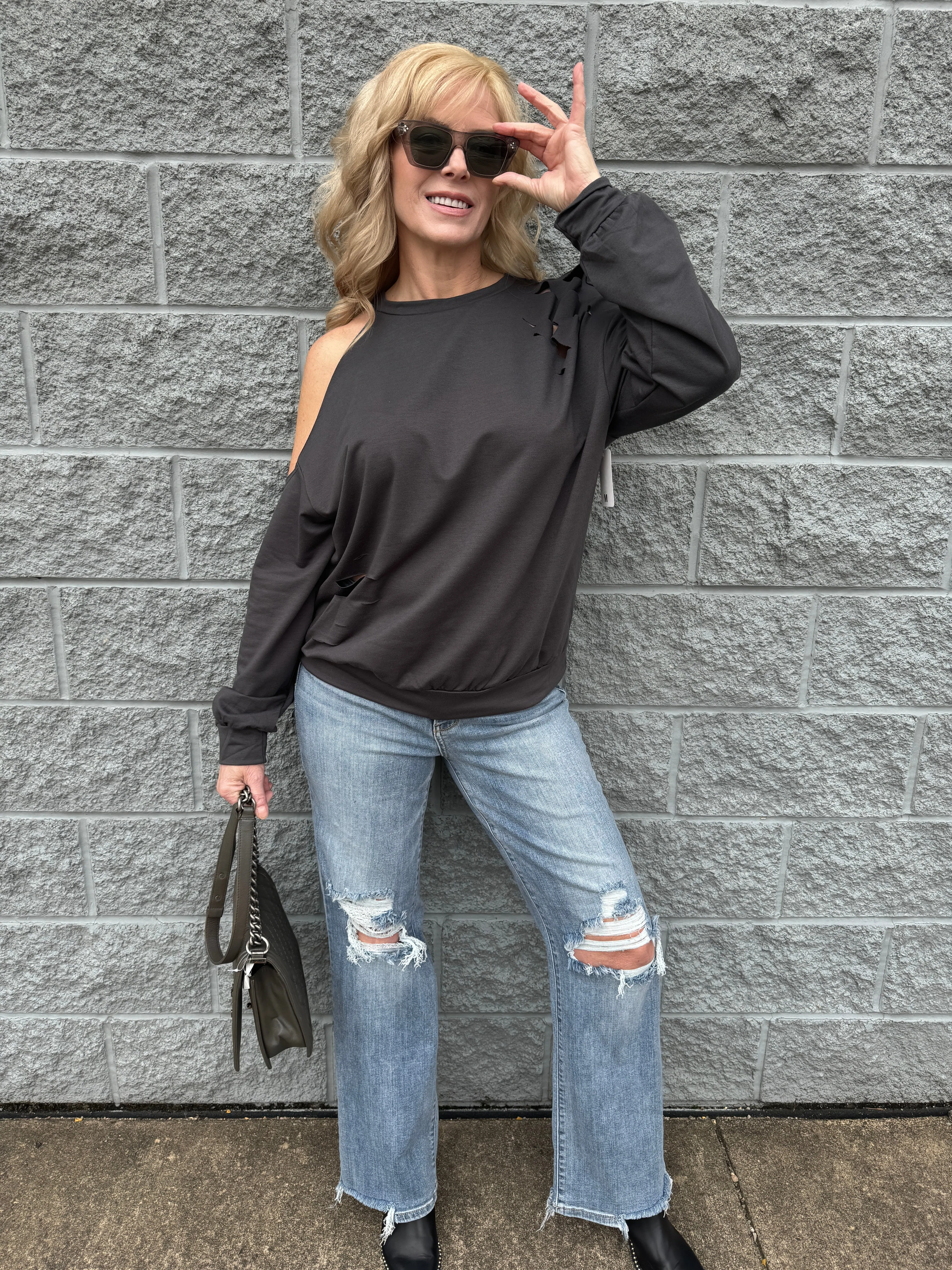 Brett - A Ripped Cold Shoulder Drop Sleeve Top