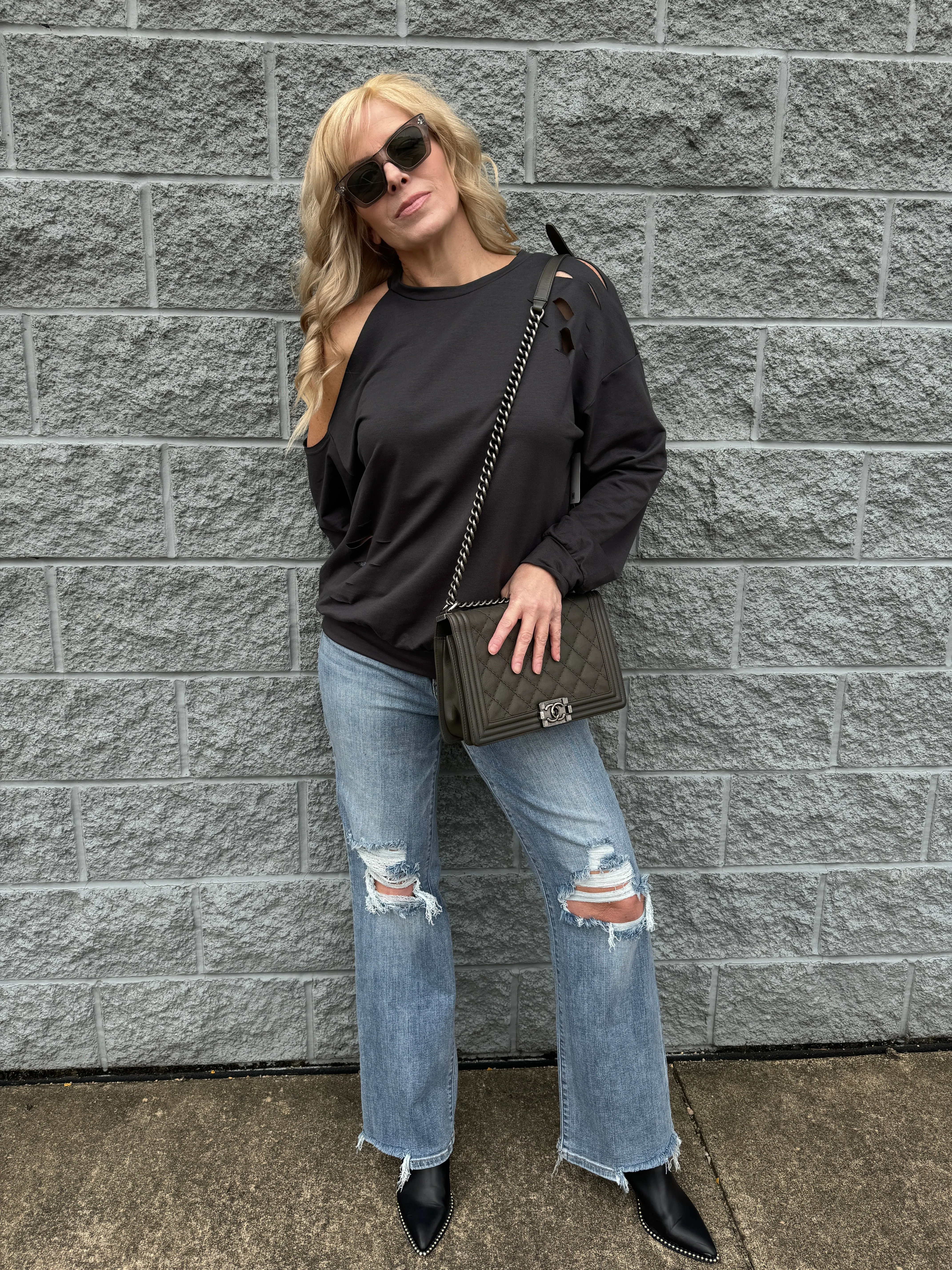 Brett - A Ripped Cold Shoulder Drop Sleeve Top