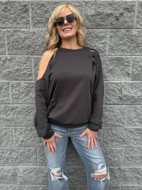 Brett - A Ripped Cold Shoulder Drop Sleeve Top