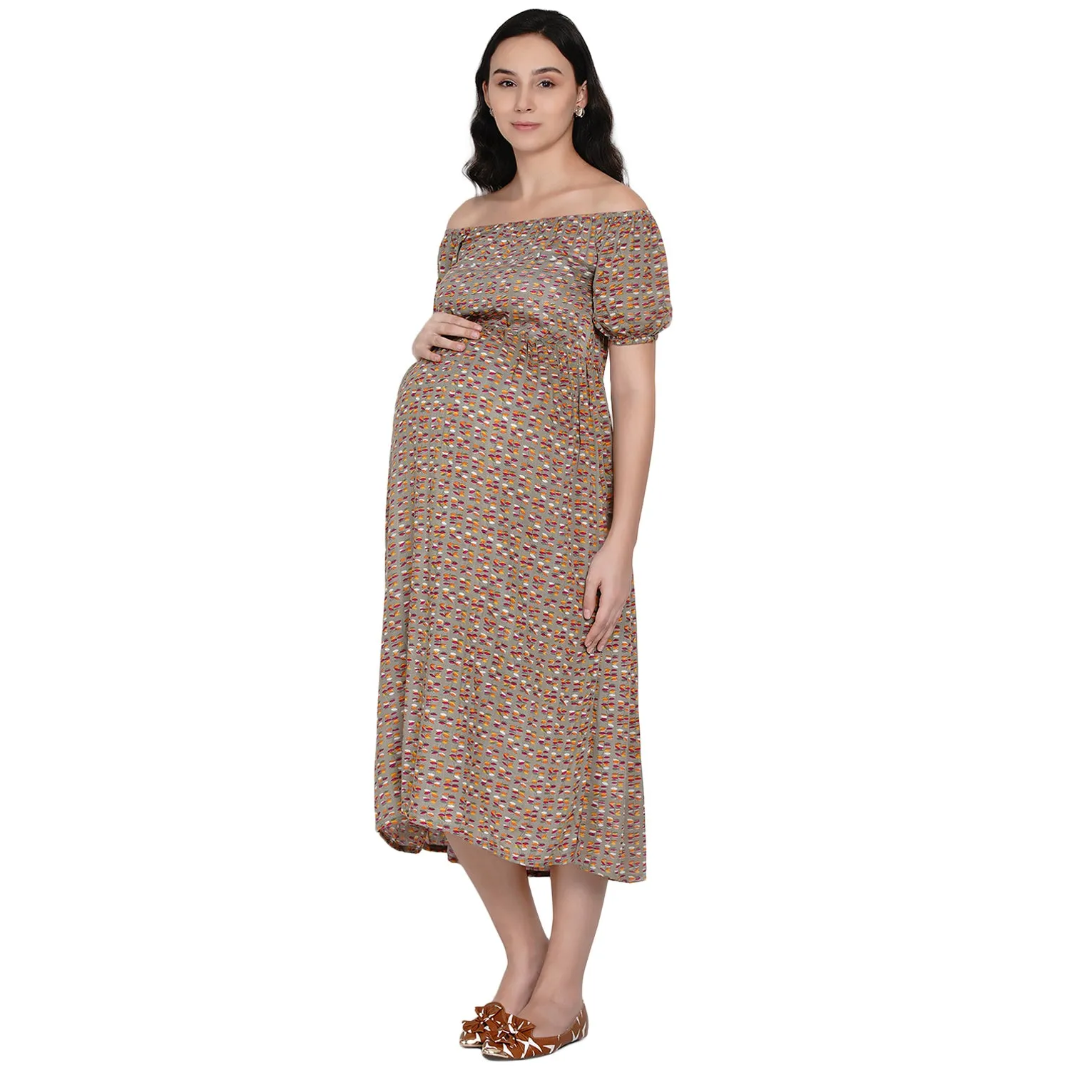 Brown Floral Print Off Shoulder Maternity and Nursing Midi Dress