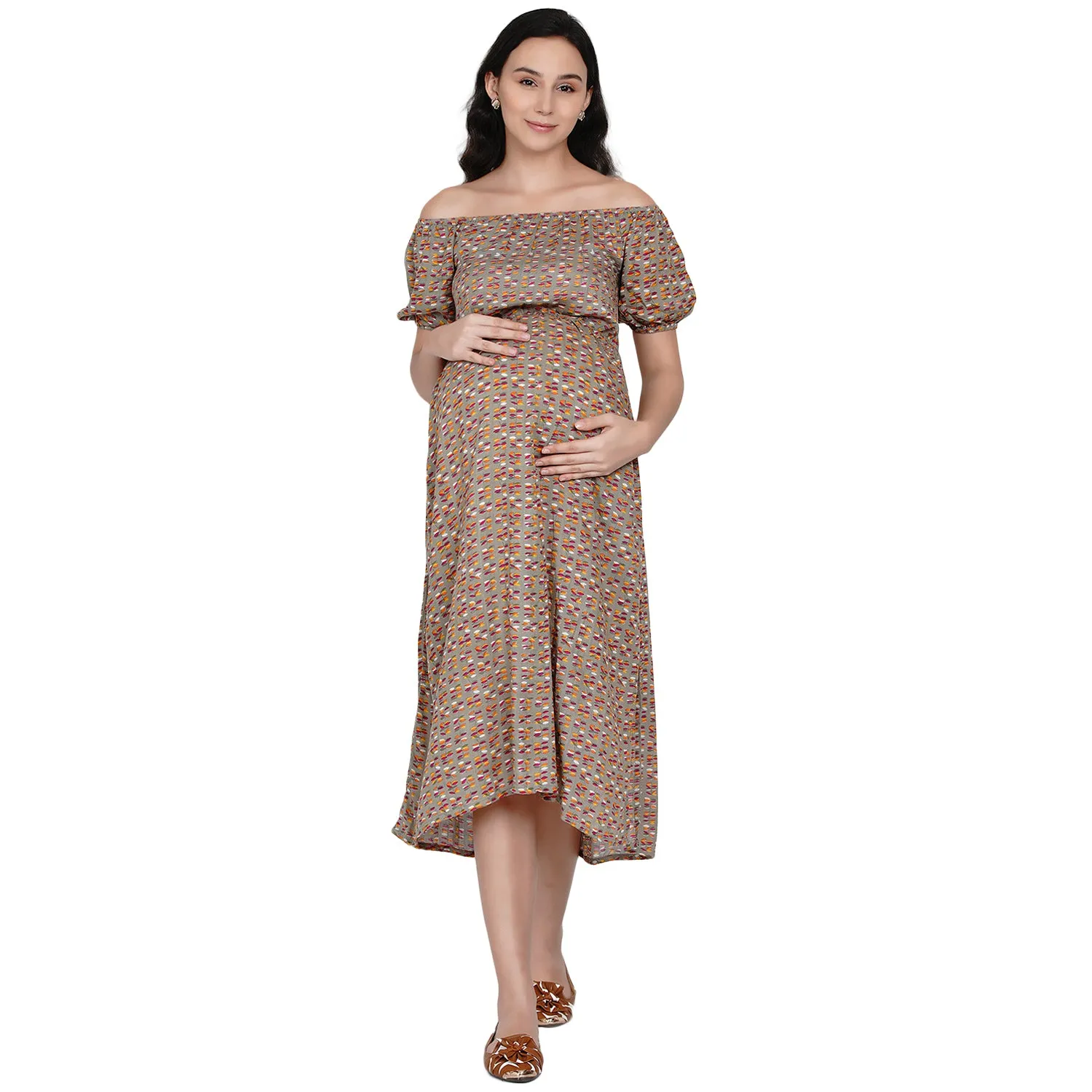 Brown Floral Print Off Shoulder Maternity and Nursing Midi Dress