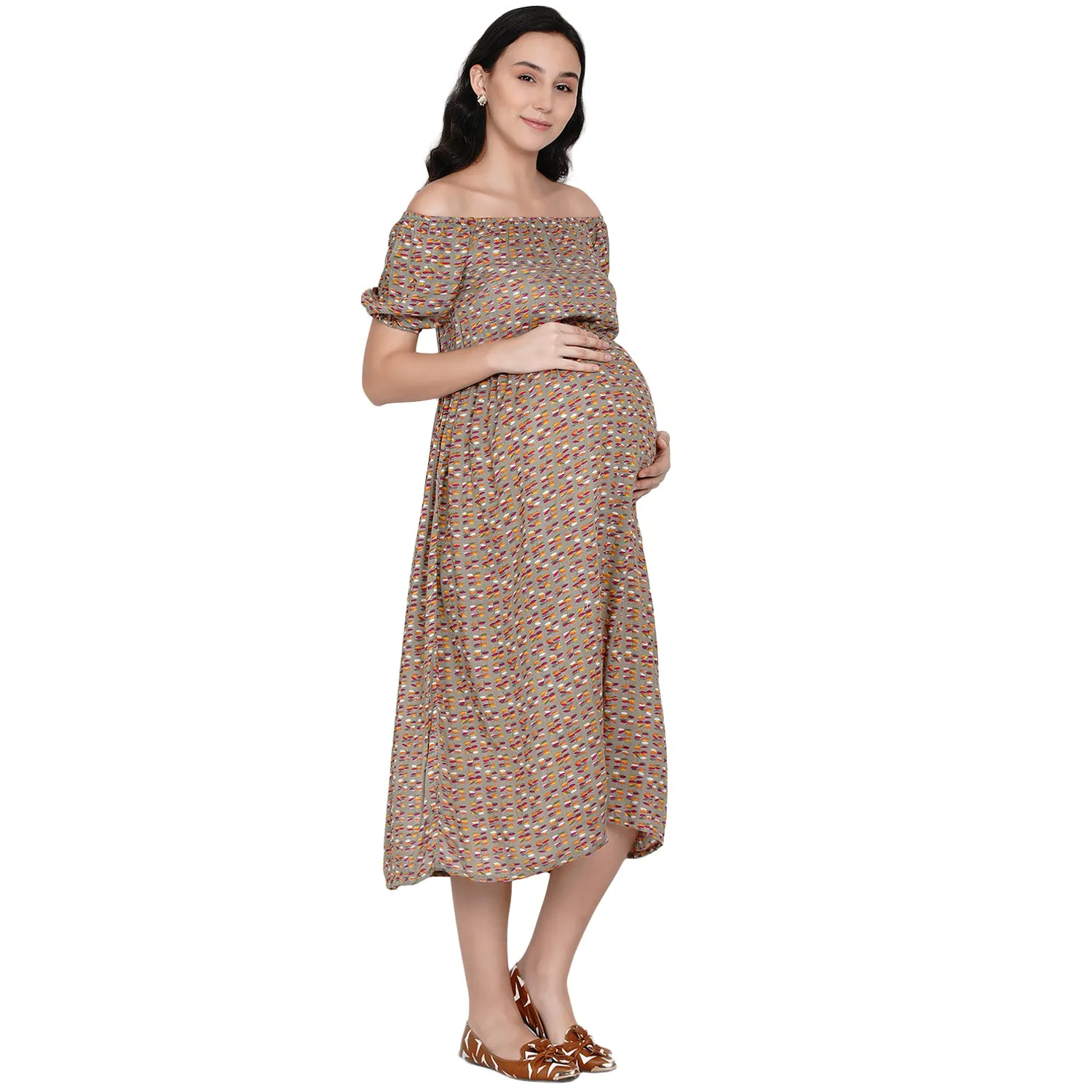 Brown Floral Print Off Shoulder Maternity and Nursing Midi Dress