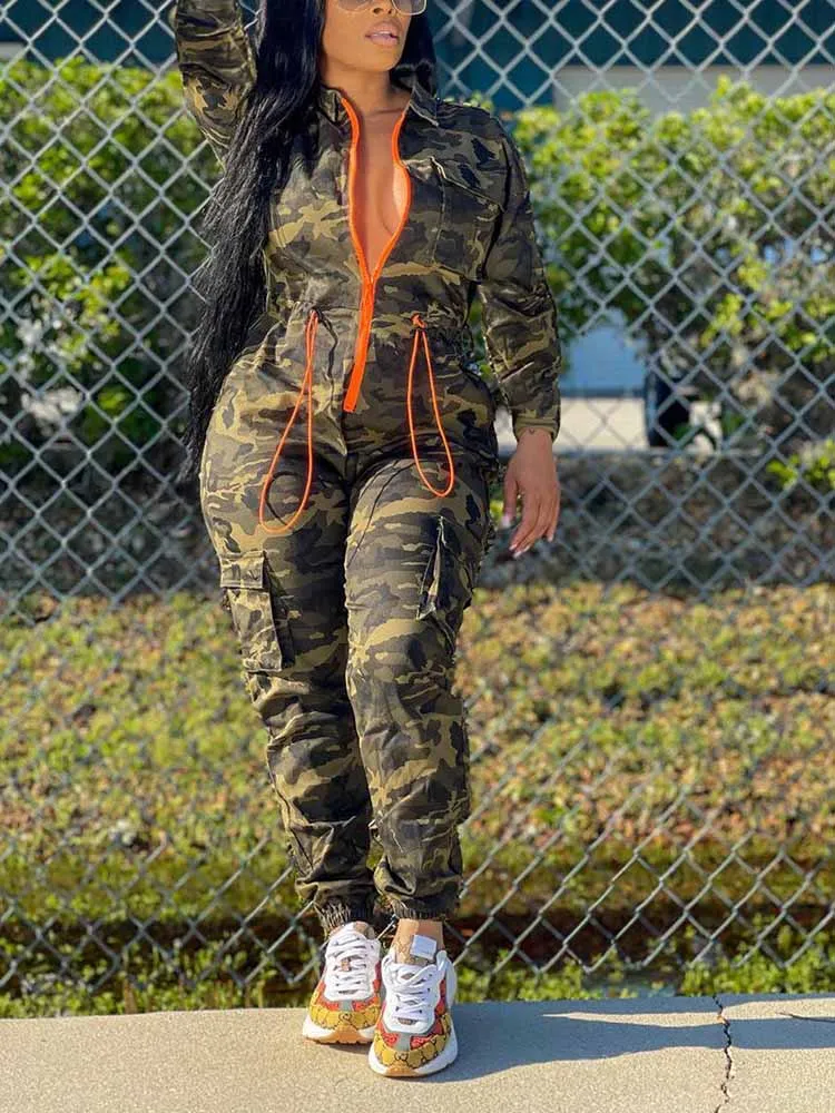 Camouflage Front Zipper Jumpsuit