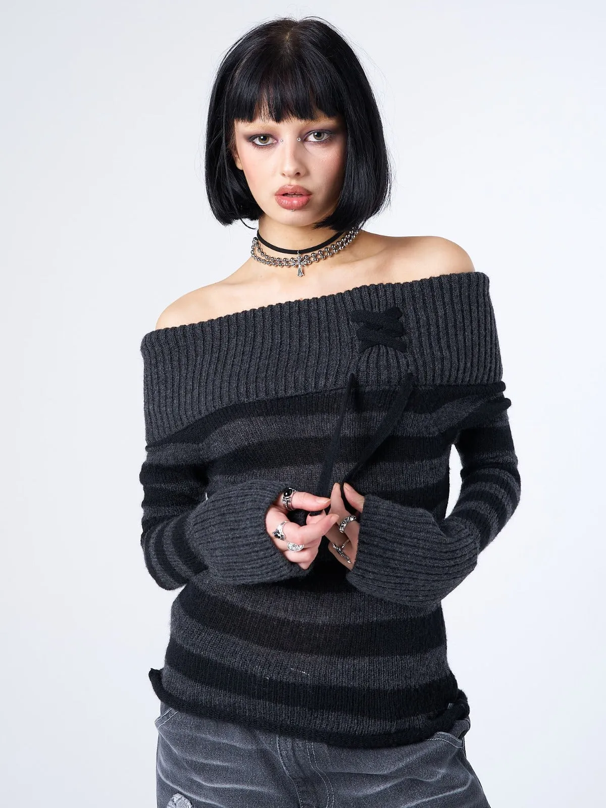 Cinder Striped Off Shoulder Knit Jumper