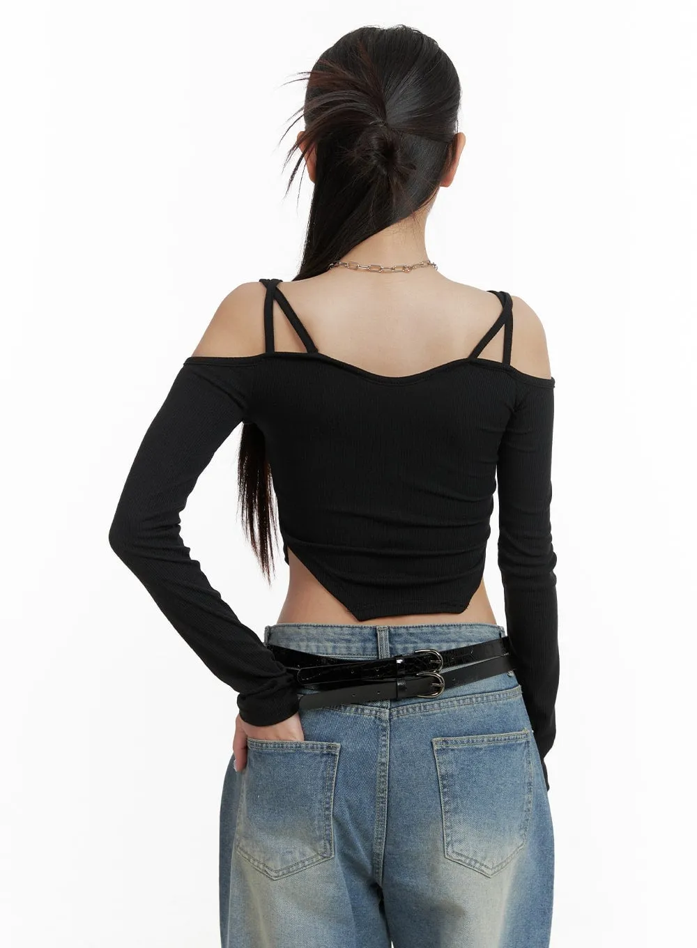 Cold Shoulder Button Ribbed Crop Top CA416