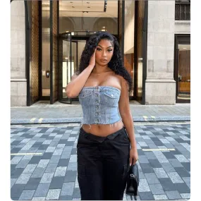 Denim Summer Single Breasted Strapless Crop Top