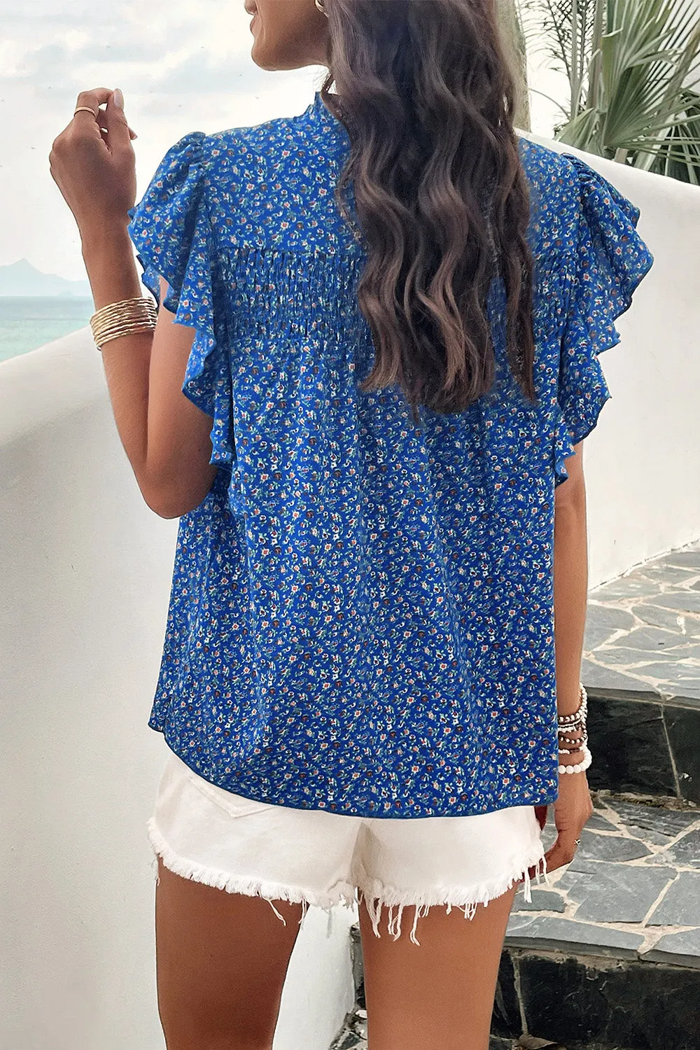 Explore More  Collection - Smocked Printed Mock Neck Cap Sleeve Blouse