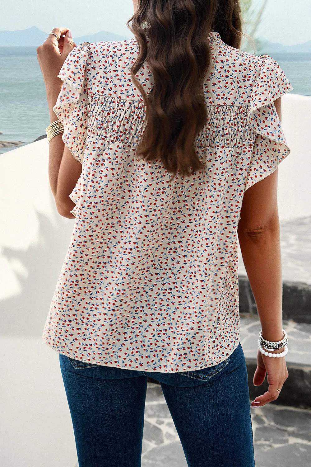 Explore More  Collection - Smocked Printed Mock Neck Cap Sleeve Blouse