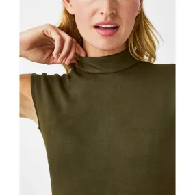 Faux Suede Mock Neck Bodysuit - Utililty Green