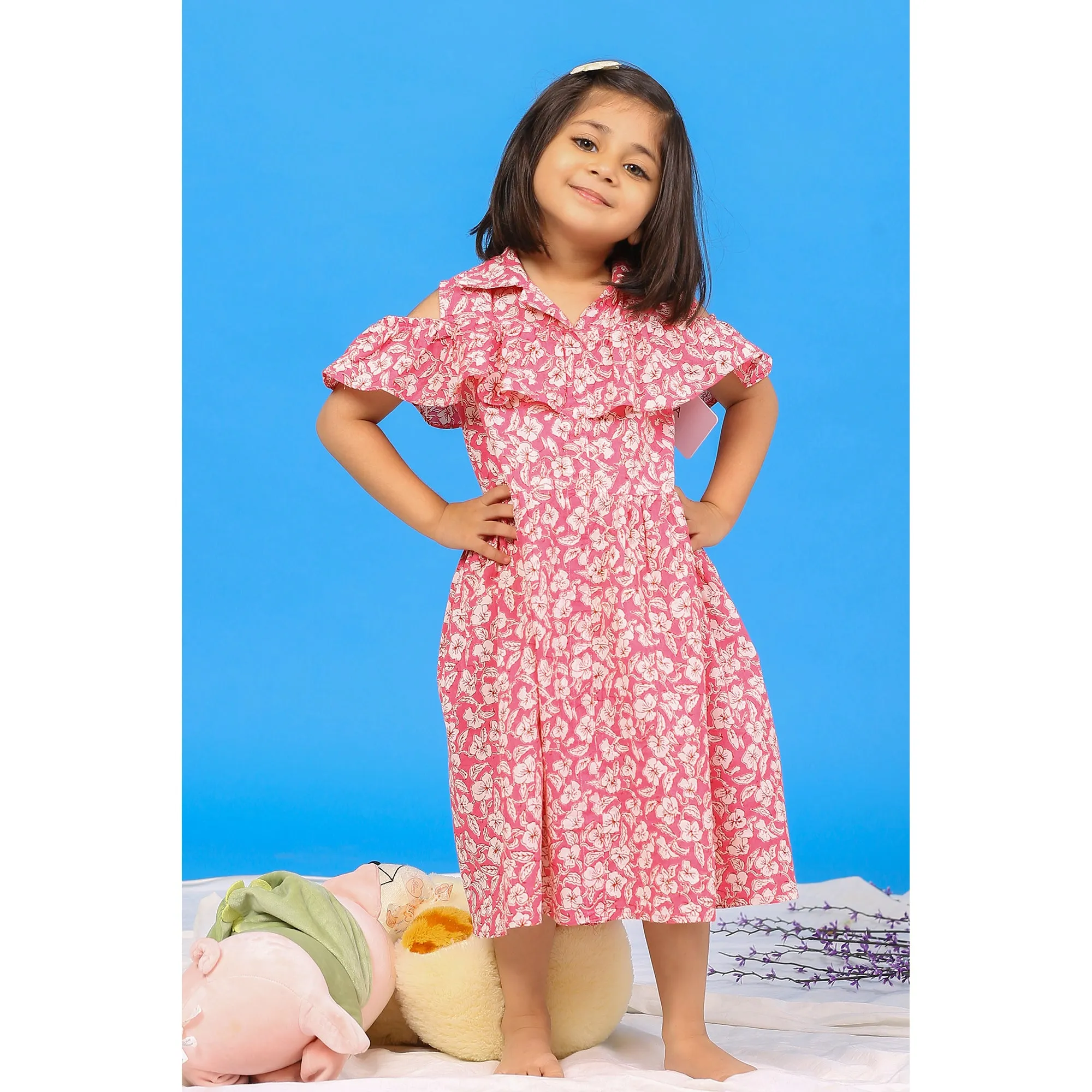 Floral Mosaic on Pink Off-shoulder Kids Dress