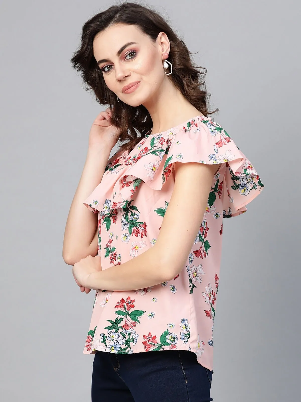 Floral Top With Gathered Neck Flare