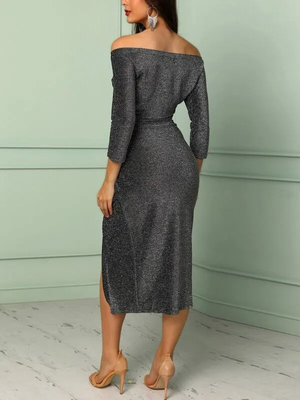 Glitter Half Sleeve High Waisted Off The Shoulder Split Dress