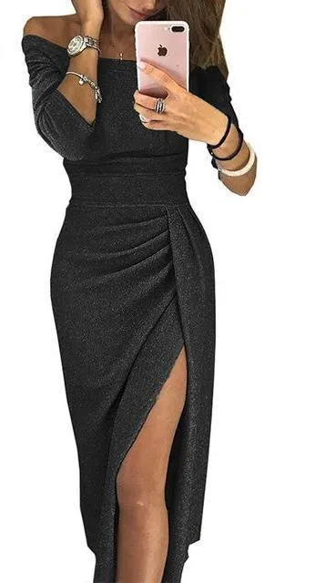 Glitter Half Sleeve High Waisted Off The Shoulder Split Dress