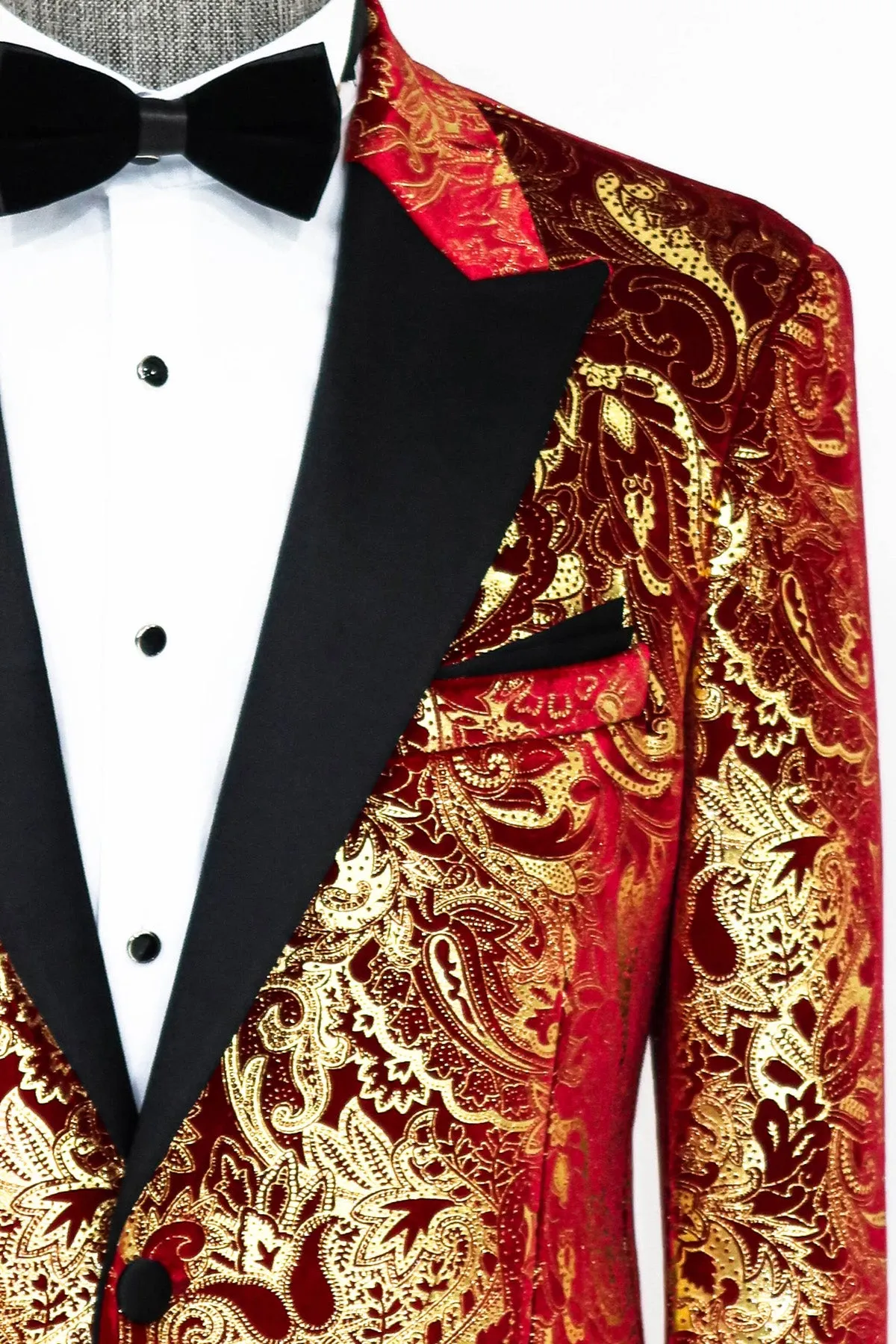 Gold Patterned Over Red Men Stage Tuxedo Blazer - Wessi