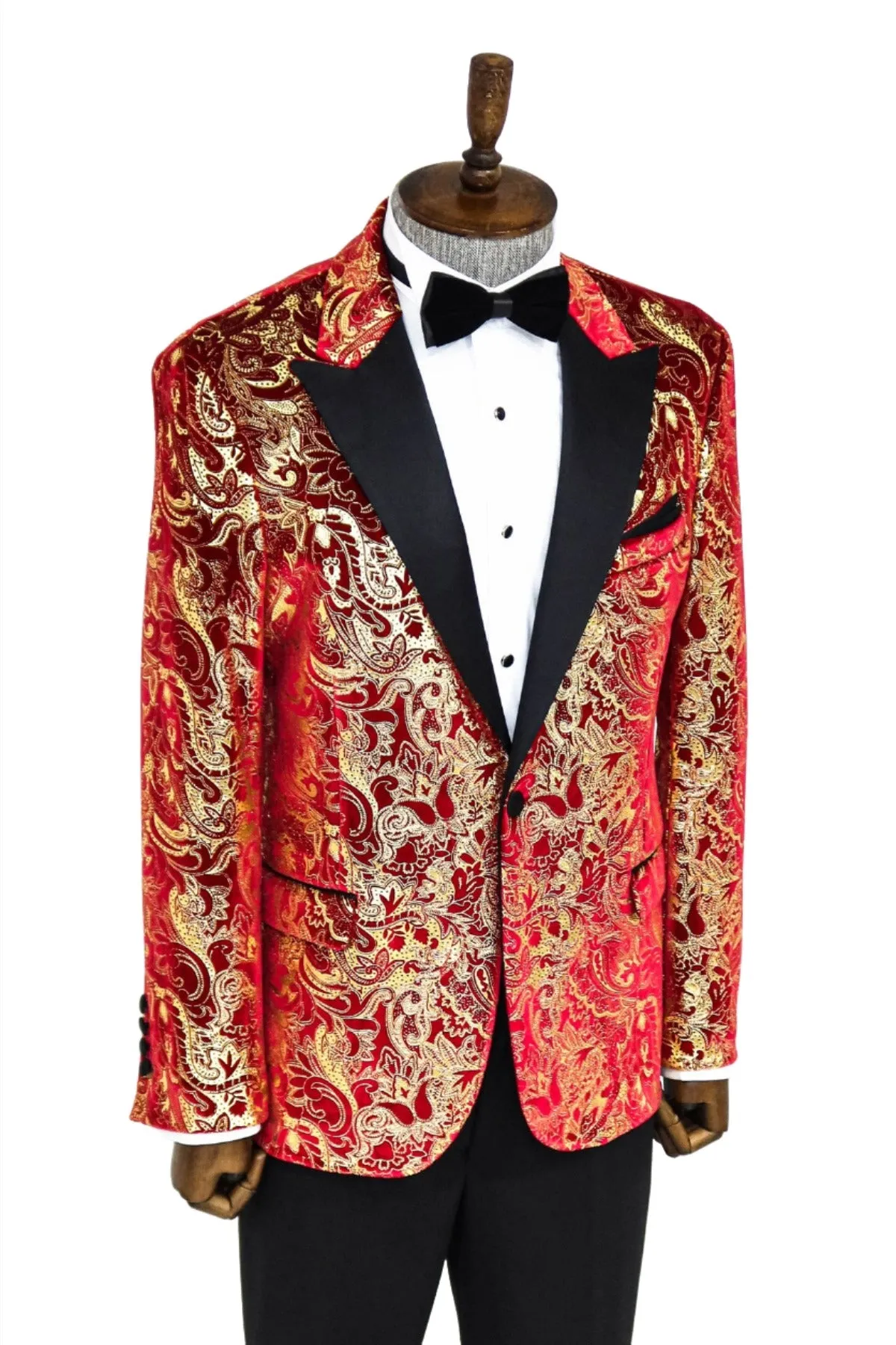 Gold Patterned Over Red Men Stage Tuxedo Blazer - Wessi