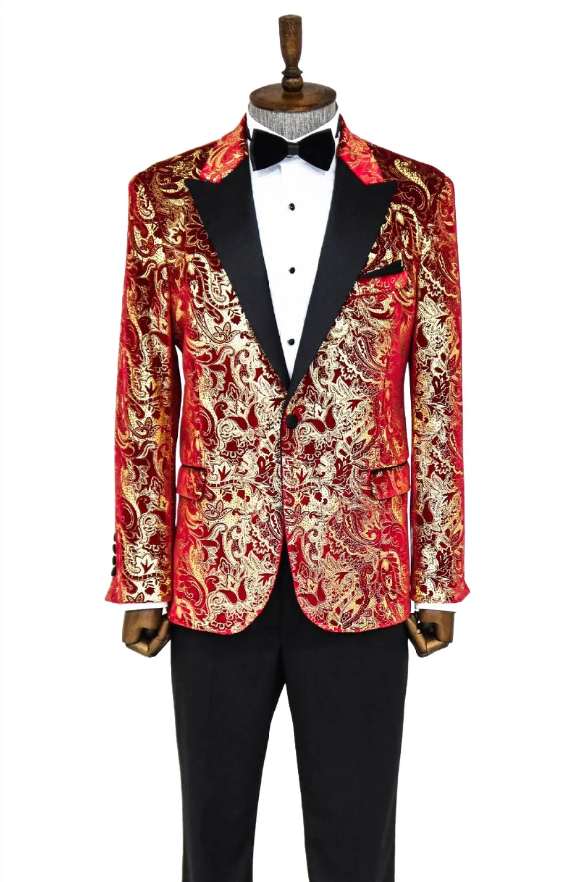 Gold Patterned Over Red Men Stage Tuxedo Blazer - Wessi