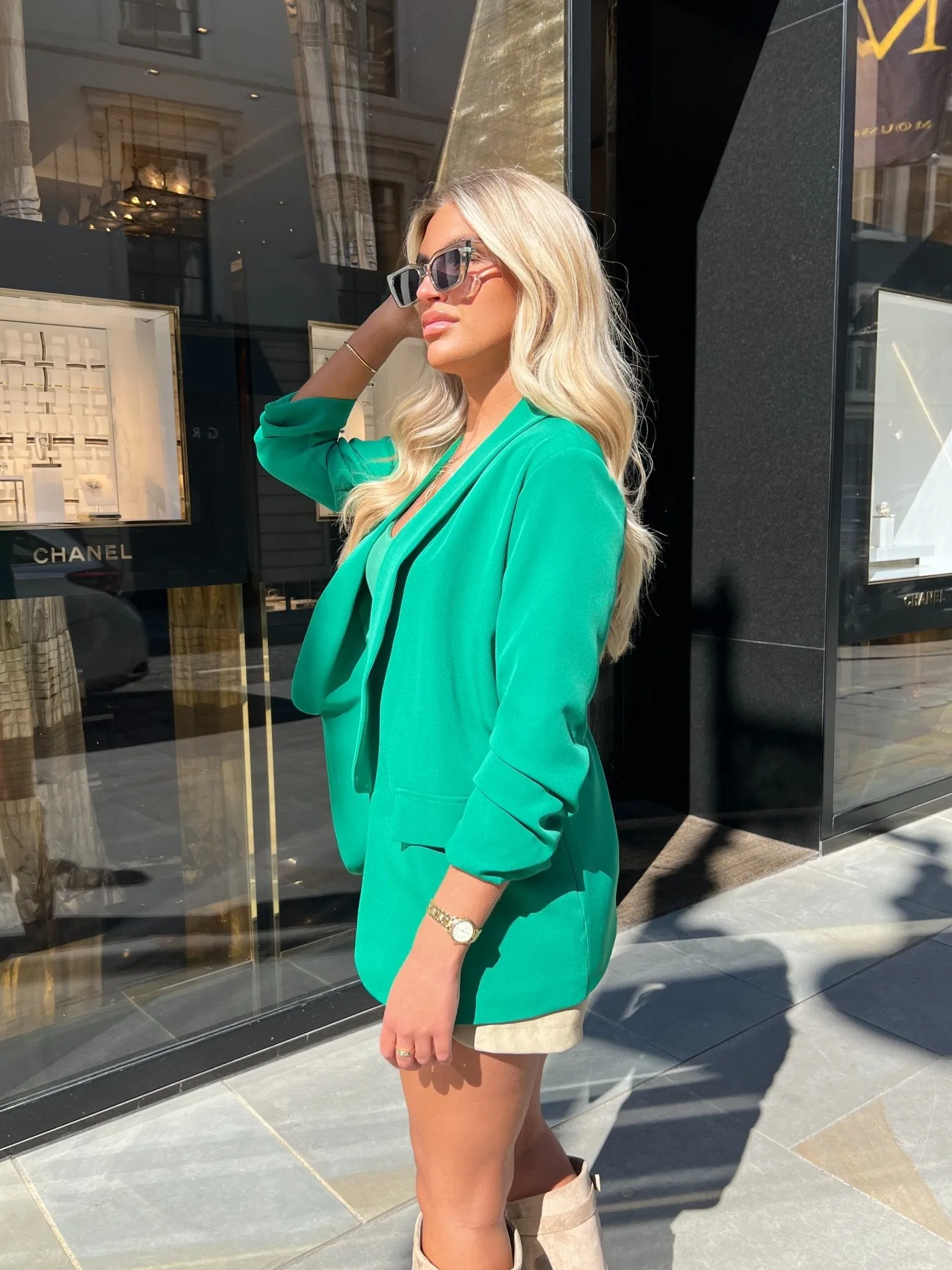 Green Ruched Arm Blazer